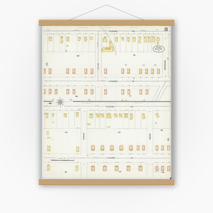 Old map wall art mockup — magnetic wood frame on white wall — Sanborn Fire Insurance Map from Sayre, Bradford County, Pennsylvania (1903), Sheet #0008