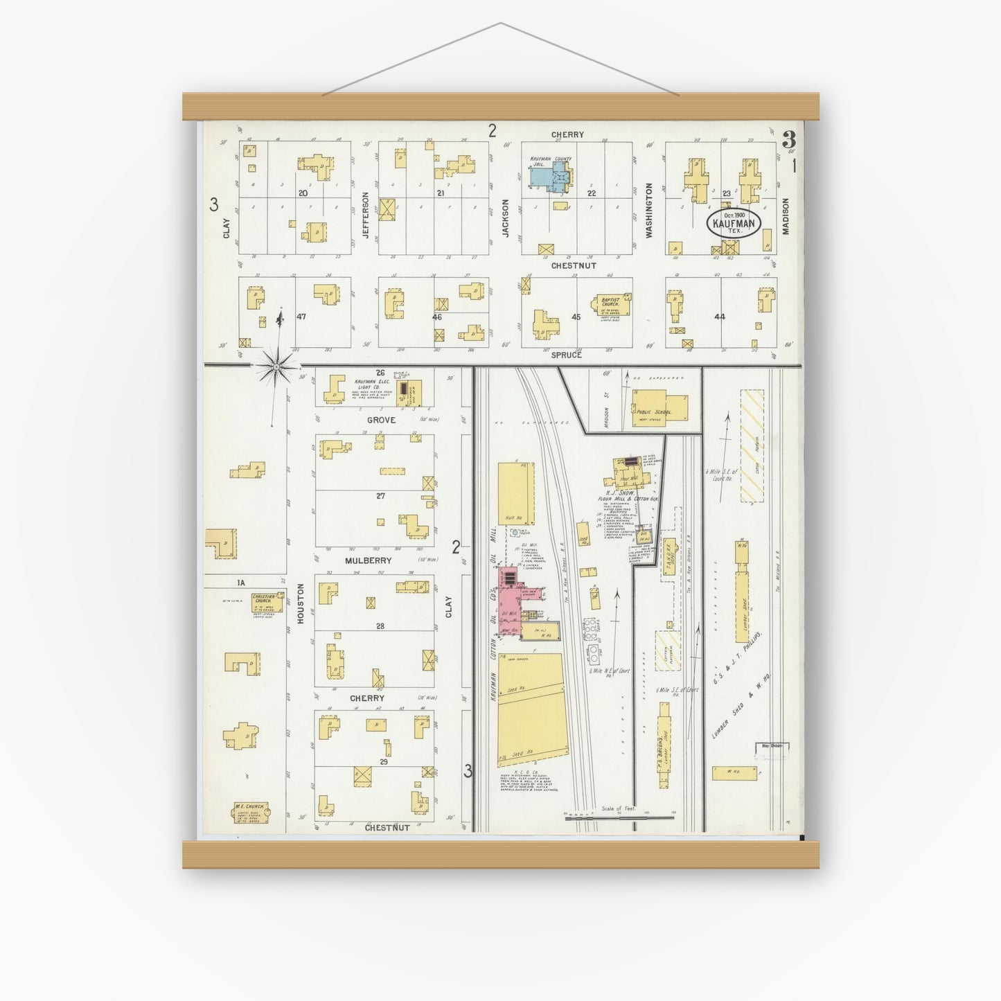 Old map wall art mockup — magnetic wood frame on white wall — Sanborn Fire Insurance Map from Kaufman, Kaufman County, Texas (1900), Sheet #0003