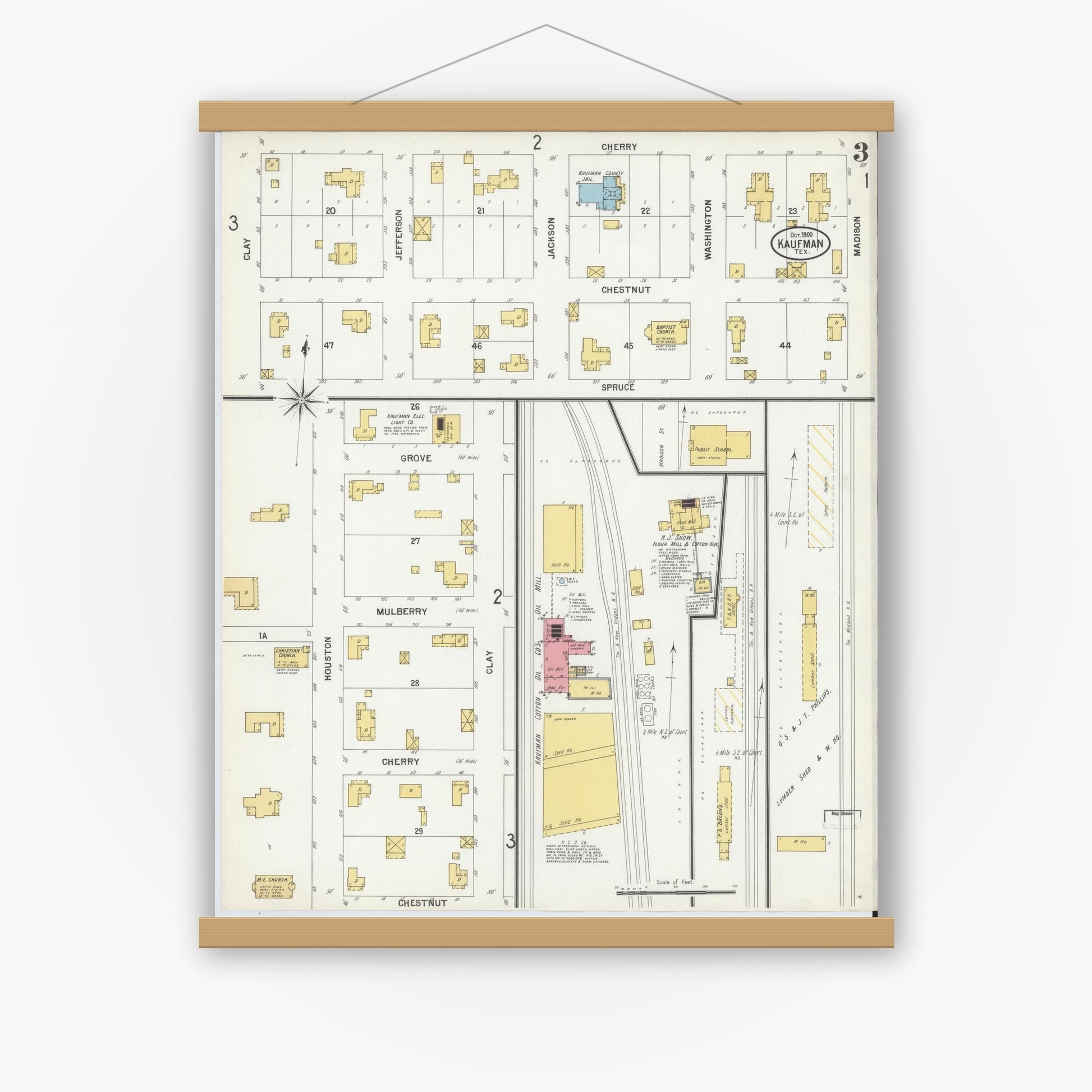 Old map wall art mockup — magnetic wood frame on white wall — Sanborn Fire Insurance Map from Kaufman, Kaufman County, Texas (1900), Sheet #0003