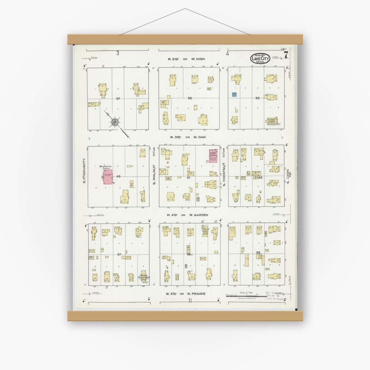 Old map wall art mockup — magnetic wood frame on white wall — Sanborn Fire Insurance Map from Lake City, Wabasha County, Minnesota (1921), Sheet #0007