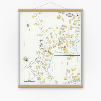 Old map wall art mockup — magnetic wood frame on white wall — Sanborn Fire Insurance Map from Manchester, Essex County, Massachusetts (1921), Sheet #0002
