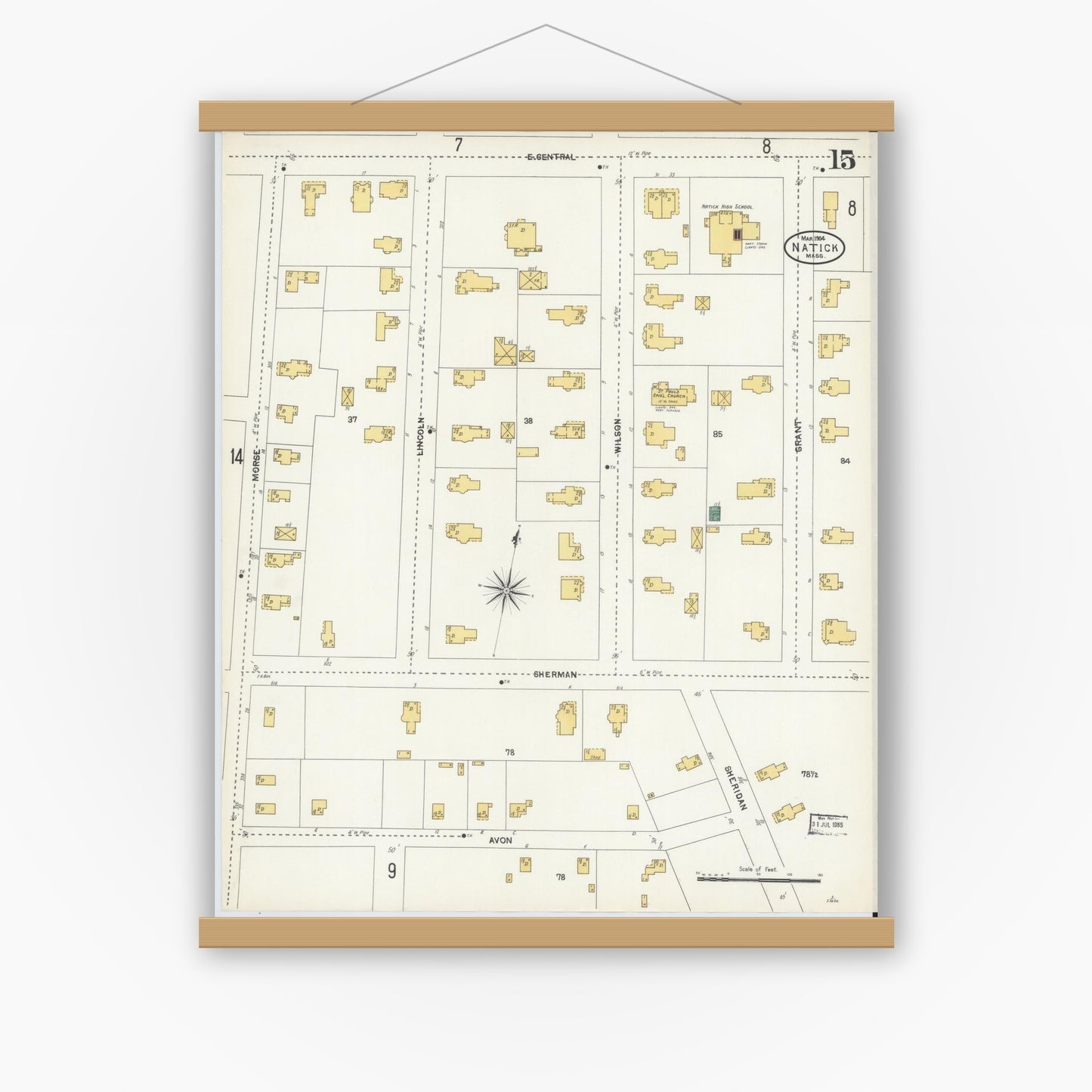 Old map wall art mockup — magnetic wood frame on white wall — Sanborn Fire Insurance Map from Natick, Middlesex County, Massachusetts (1904), Sheet #0015