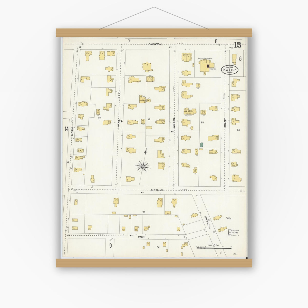 Old map wall art mockup — magnetic wood frame on white wall — Sanborn Fire Insurance Map from Natick, Middlesex County, Massachusetts (1904), Sheet #0015