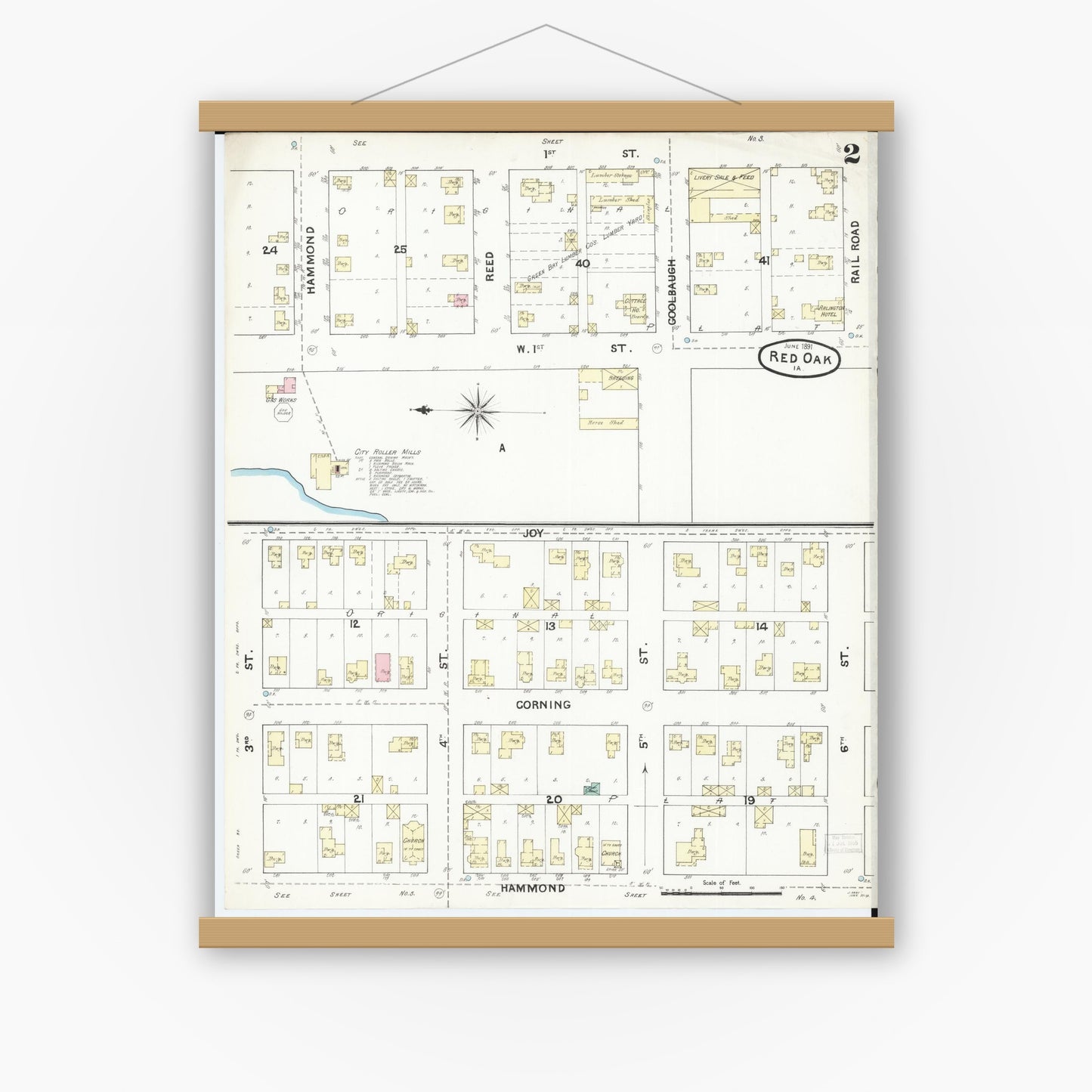 Old map wall art mockup — magnetic wood frame on white wall — Sanborn Fire Insurance Map from Red Oak, Montgomery County, Iowa (1891), Sheet #0002