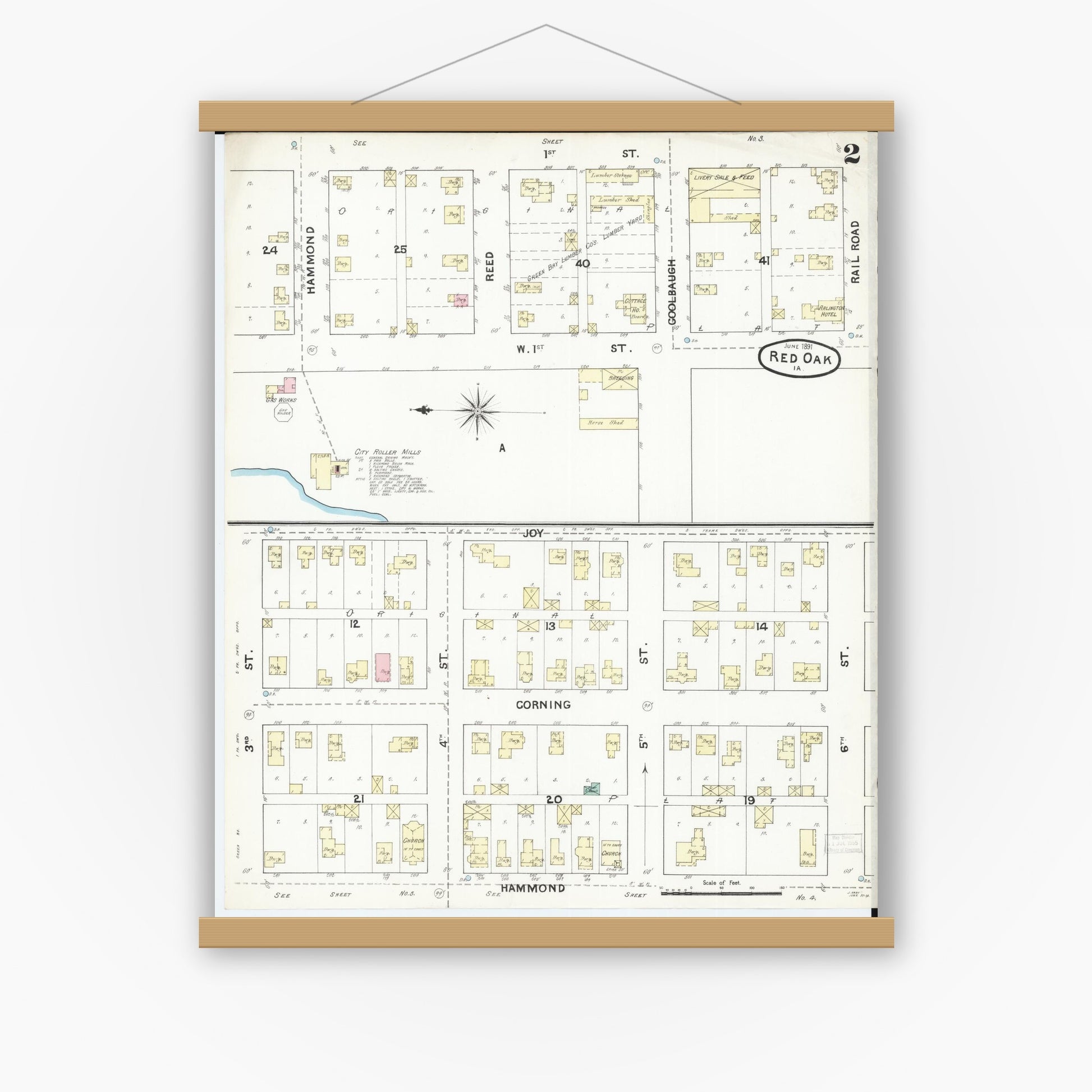 Old map wall art mockup — magnetic wood frame on white wall — Sanborn Fire Insurance Map from Red Oak, Montgomery County, Iowa (1891), Sheet #0002