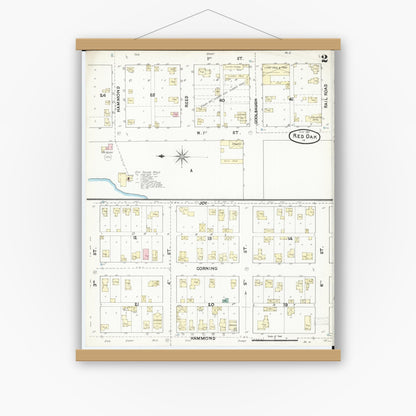 Old map wall art mockup — magnetic wood frame on white wall — Sanborn Fire Insurance Map from Red Oak, Montgomery County, Iowa (1891), Sheet #0002