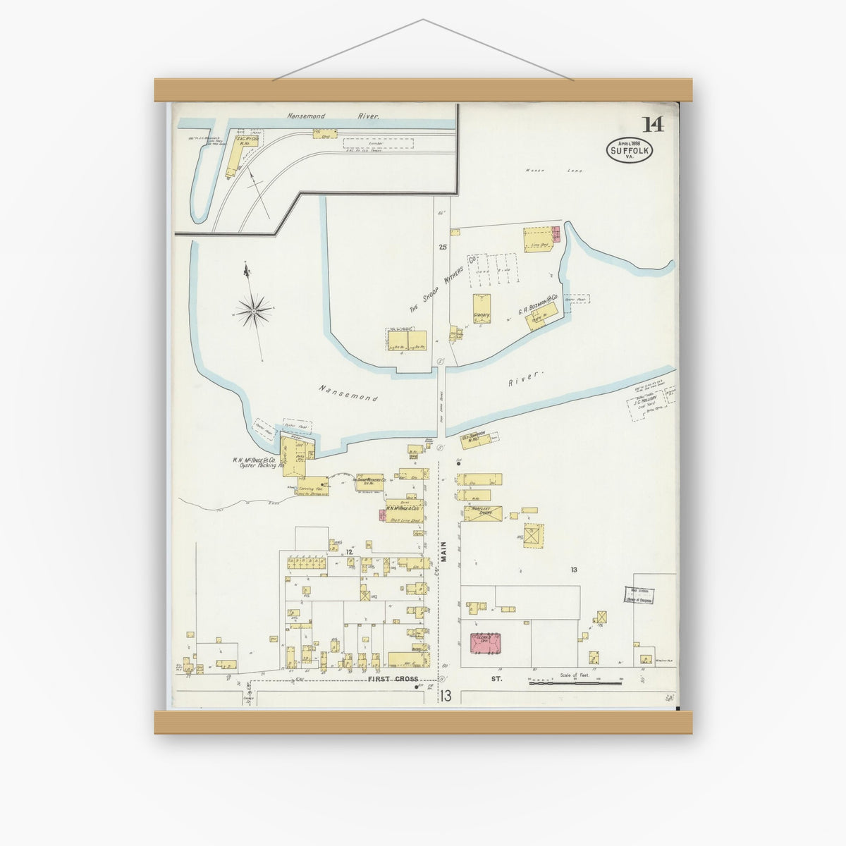 Old map wall art mockup — magnetic wood frame on white wall — Sanborn Fire Insurance Map from Suffolk, Independent Cities, Virginia (1898), Sheet #0014