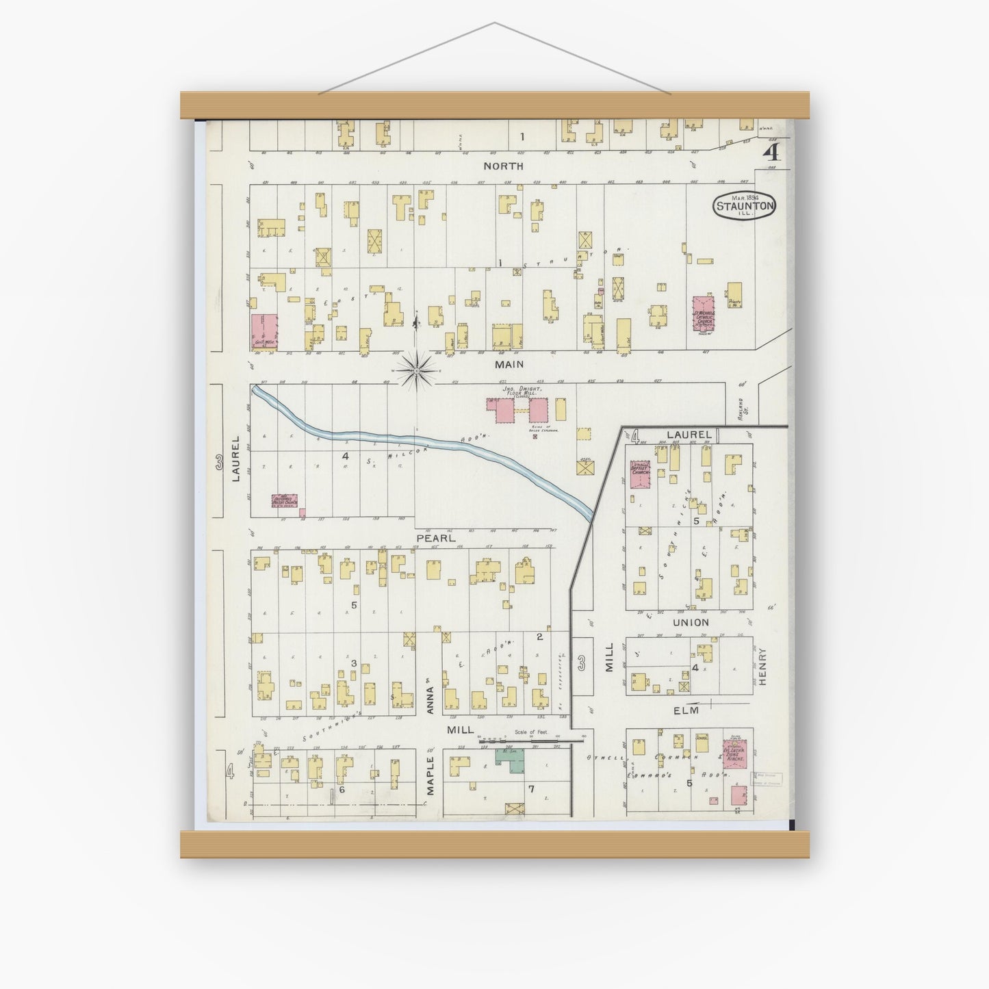 Old map wall art mockup — magnetic wood frame on white wall — Sanborn Fire Insurance Map from Staunton, Macoupin County, Illinois (1894), Sheet #0004