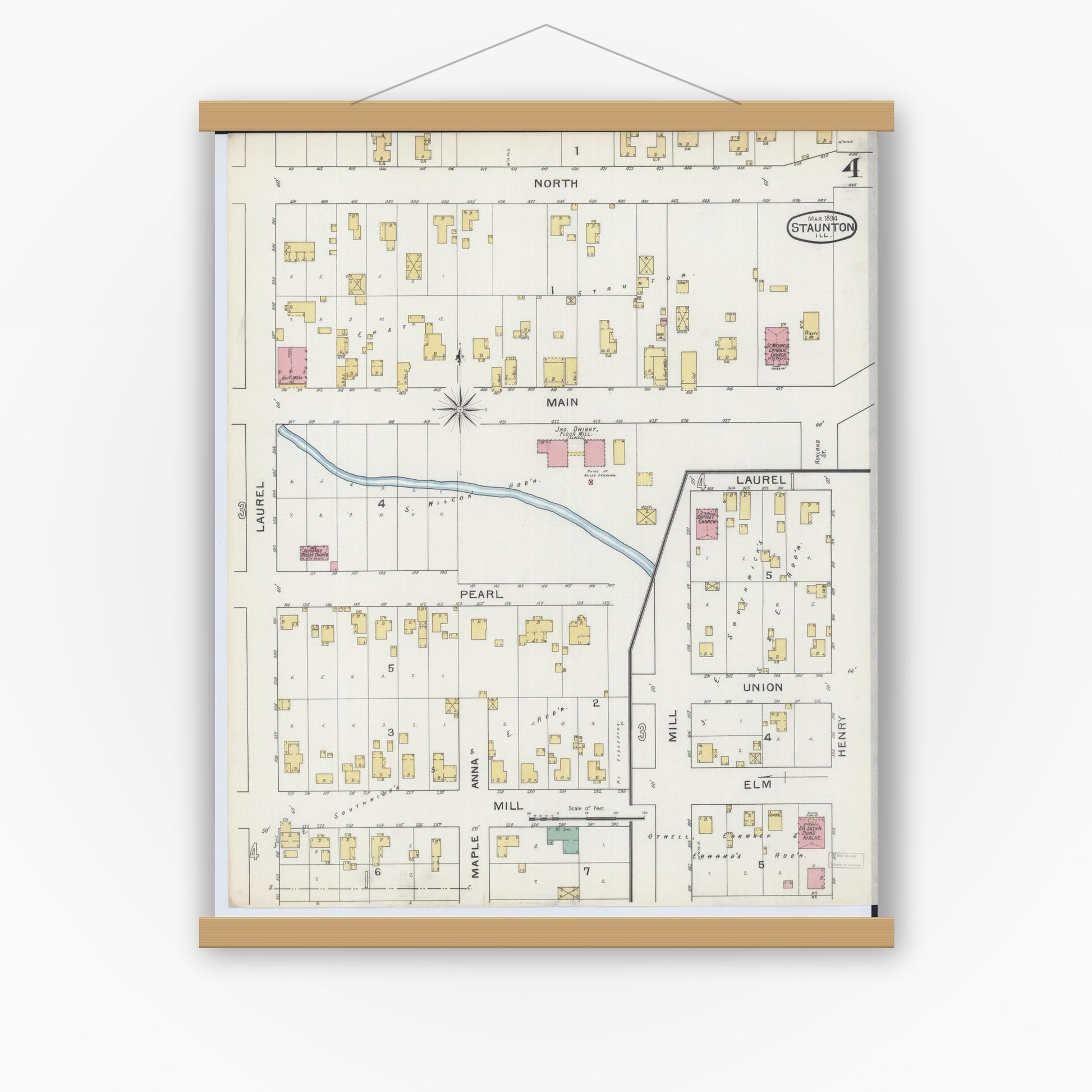 Old map wall art mockup — magnetic wood frame on white wall — Sanborn Fire Insurance Map from Staunton, Macoupin County, Illinois (1894), Sheet #0004