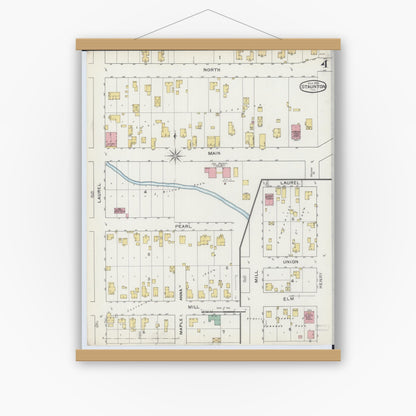 Old map wall art mockup — magnetic wood frame on white wall — Sanborn Fire Insurance Map from Staunton, Macoupin County, Illinois (1894), Sheet #0004