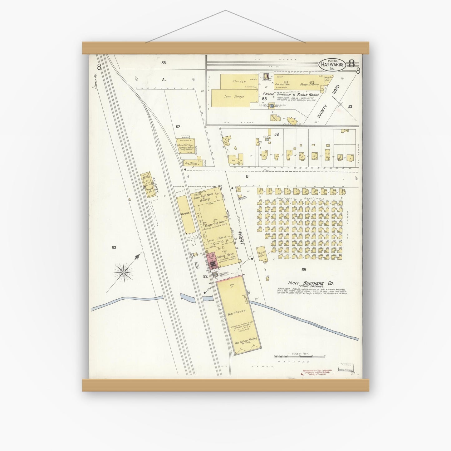 Old map wall art mockup — magnetic wood frame on white wall — Sanborn Fire Insurance Map from Hayward, Alameda County, California (1903), Sheet #0008