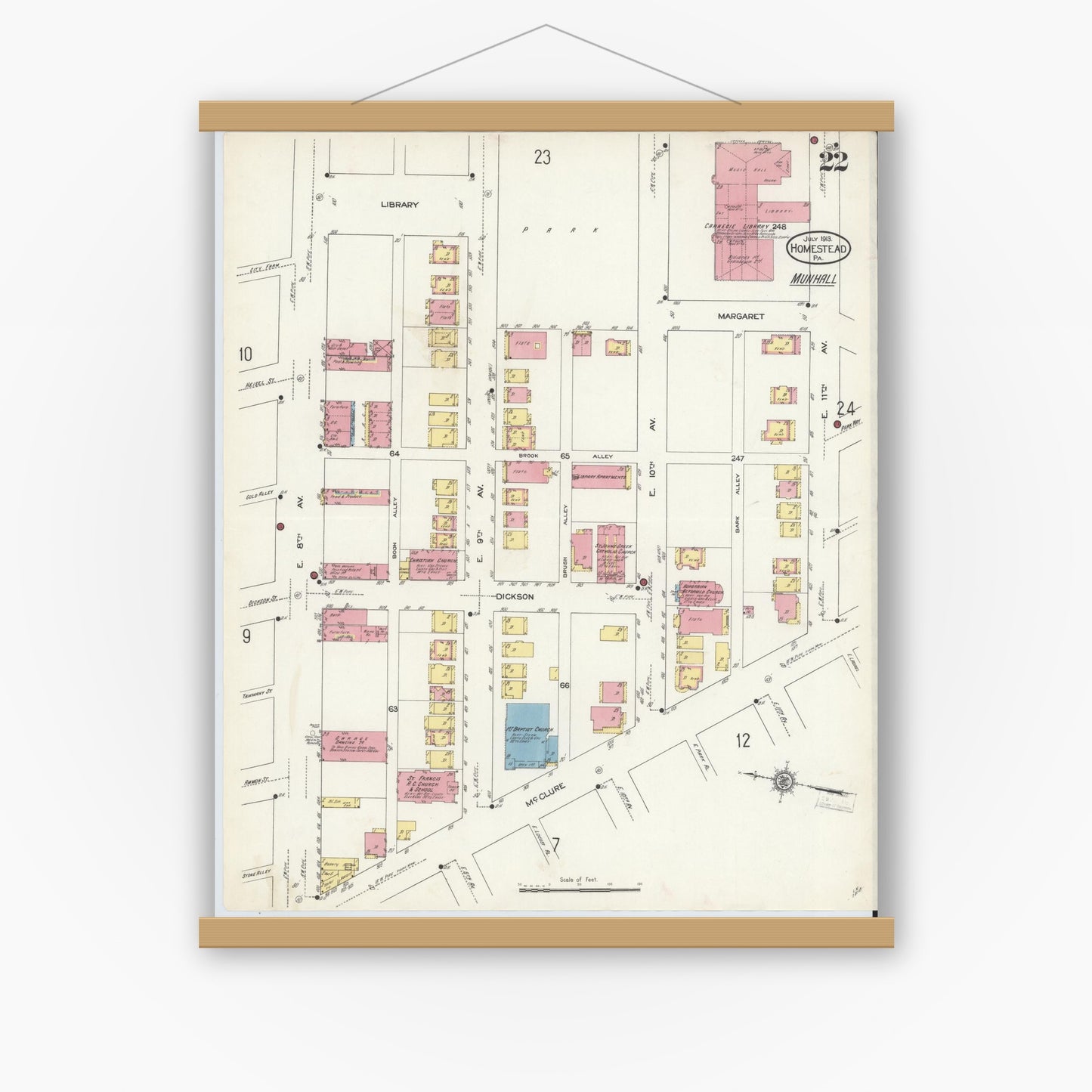 Old map wall art mockup — magnetic wood frame on white wall — Sanborn Fire Insurance Map from Homestead, Allegheny County, Pennsylvania (1913), Sheet #0022
