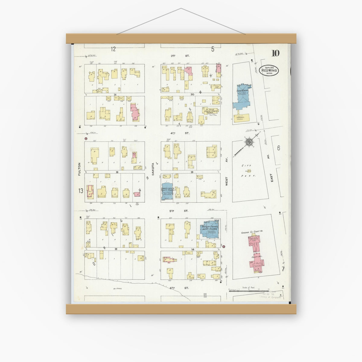 Old map wall art mockup — magnetic wood frame on white wall — Sanborn Fire Insurance Map from Red Wing, Goodhue County, Minnesota (1910), Sheet #0010