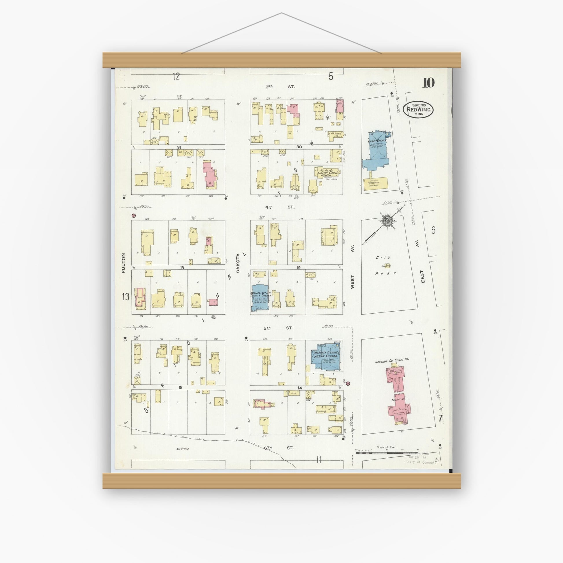 Old map wall art mockup — magnetic wood frame on white wall — Sanborn Fire Insurance Map from Red Wing, Goodhue County, Minnesota (1910), Sheet #0010