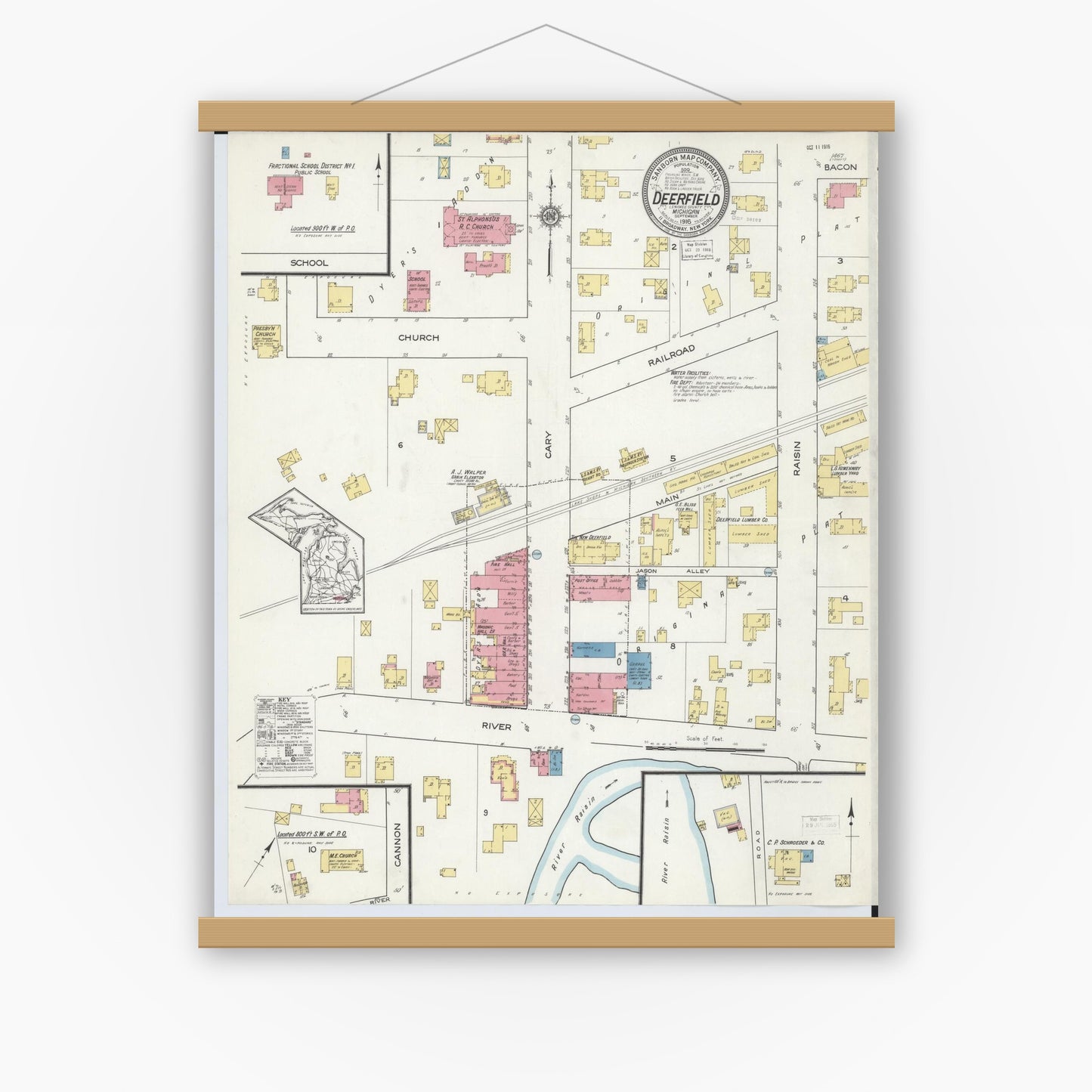 Old map wall art mockup — magnetic wood frame on white wall — Sanborn Fire Insurance Map from Deerfield, Lenawee County, Michigan (1916), Sheet #0001