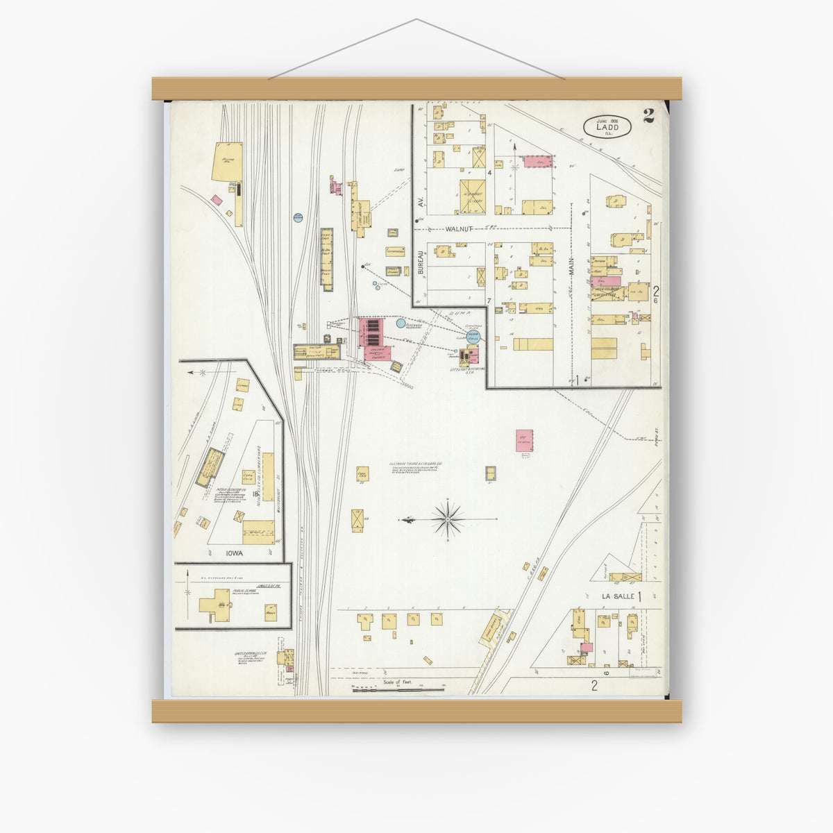 Old map wall art mockup — magnetic wood frame on white wall — Sanborn Fire Insurance Map from Ladd, Bureau County, Illinois (1906), Sheet #0002