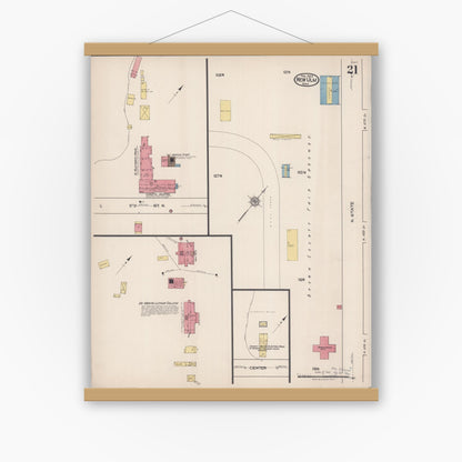 Old map wall art mockup — magnetic wood frame on white wall — Sanborn Fire Insurance Map from New Ulm, Brown County, Minnesota (1922), Sheet #0021