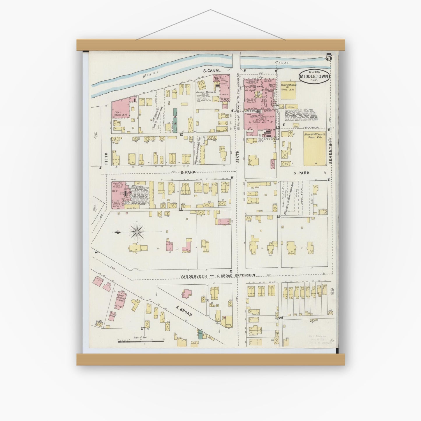 Old map wall art mockup — magnetic wood frame on white wall — Sanborn Fire Insurance Map from Middletown, Butler County, Ohio (1895), Sheet #0005