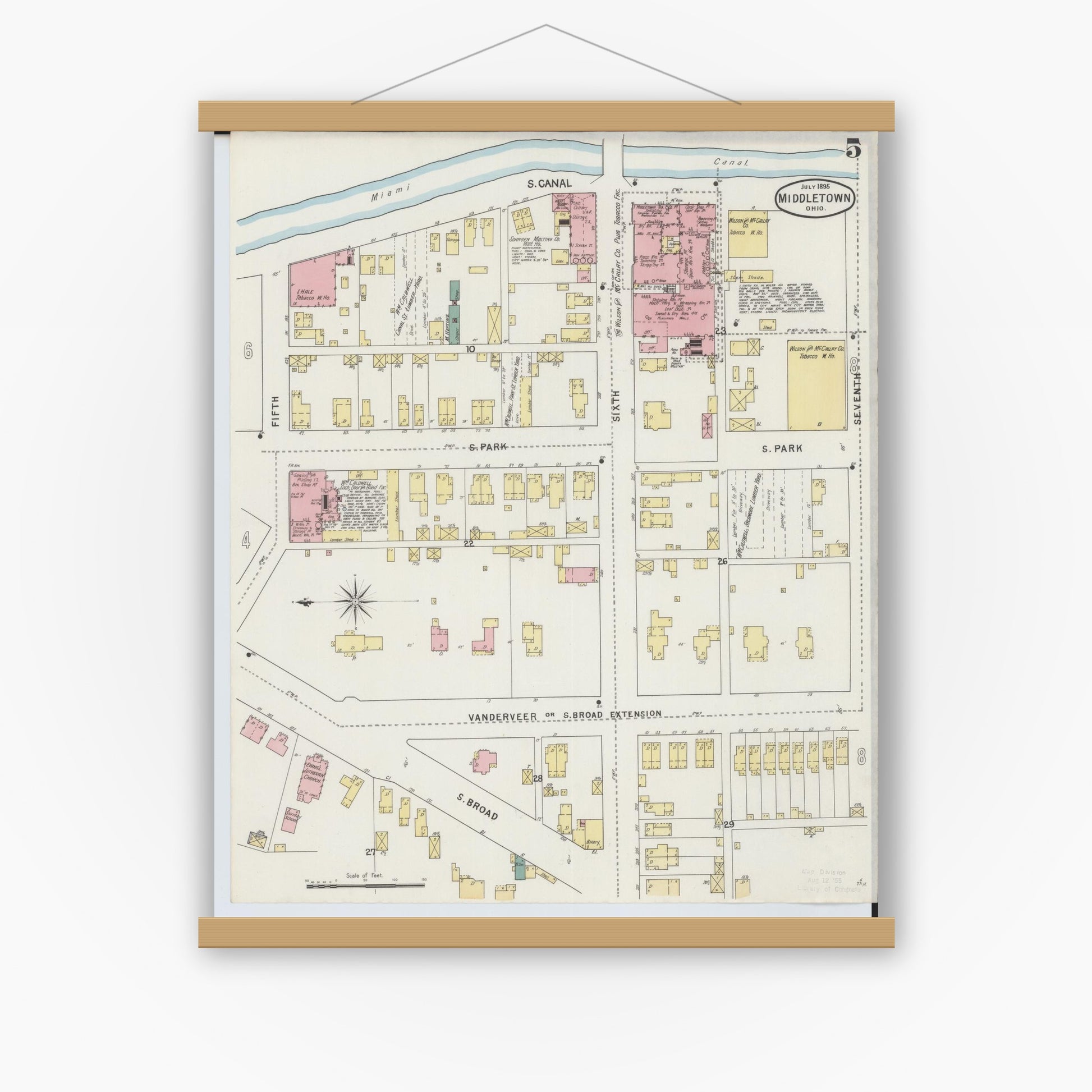 Old map wall art mockup — magnetic wood frame on white wall — Sanborn Fire Insurance Map from Middletown, Butler County, Ohio (1895), Sheet #0005