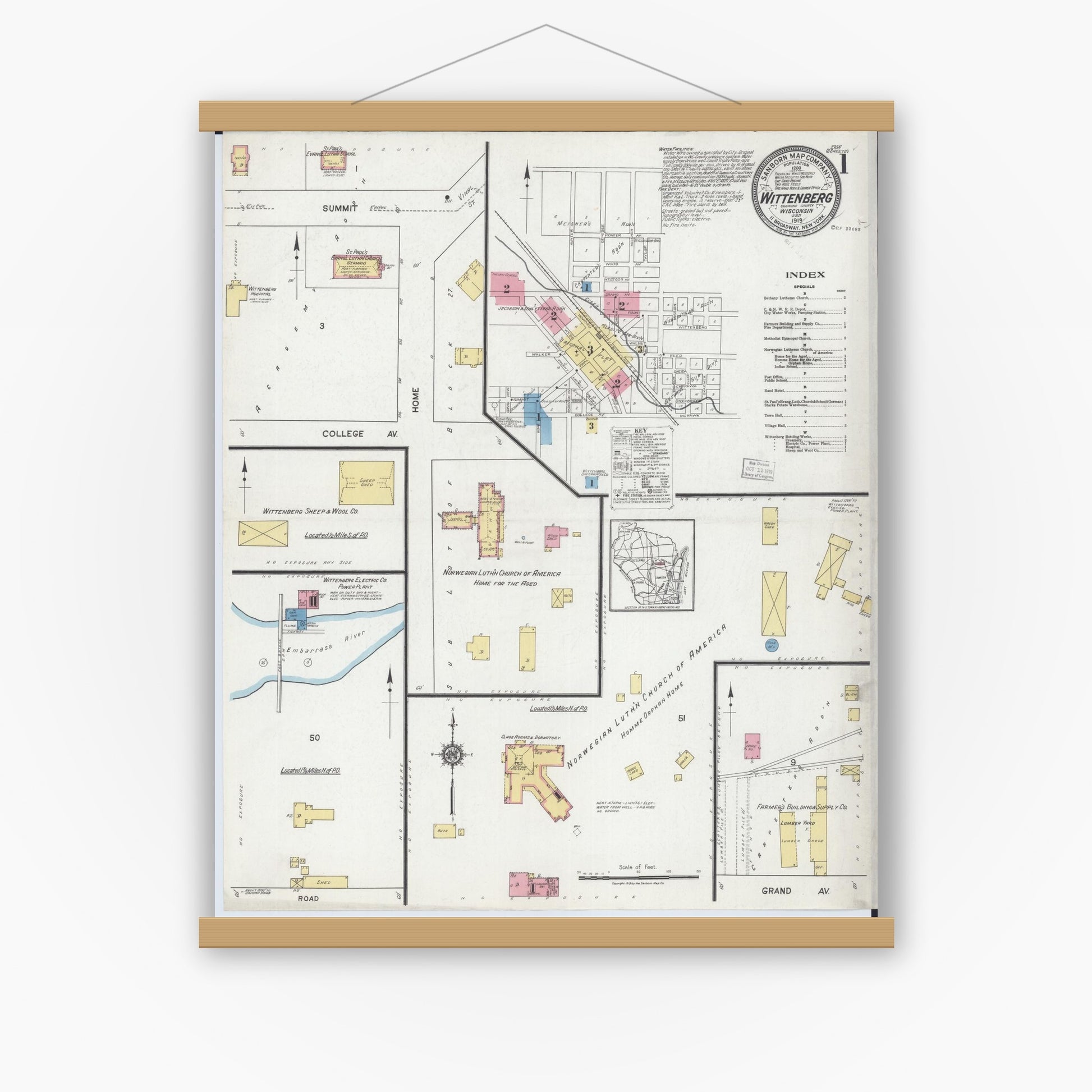 Old map wall art mockup — magnetic wood frame on white wall — Sanborn Fire Insurance Map from Wittenberg, Shawano County, Wisconsin (1919), Sheet #0001