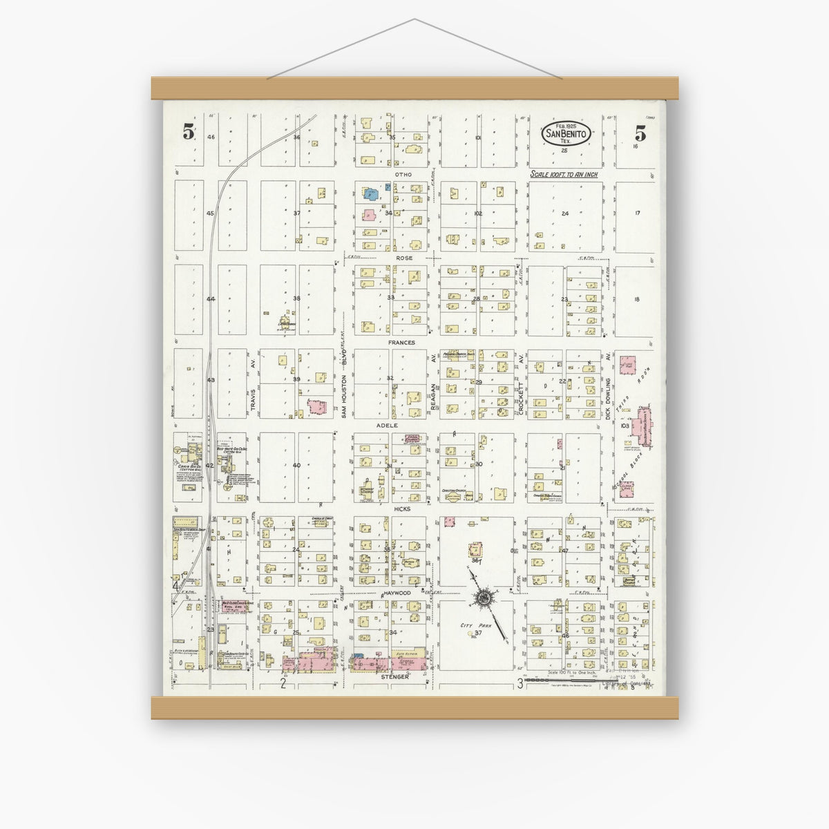 Old map wall art mockup — magnetic wood frame on white wall — Sanborn Fire Insurance Map from San Benito, Cameron County, Texas (1925), Sheet #0005