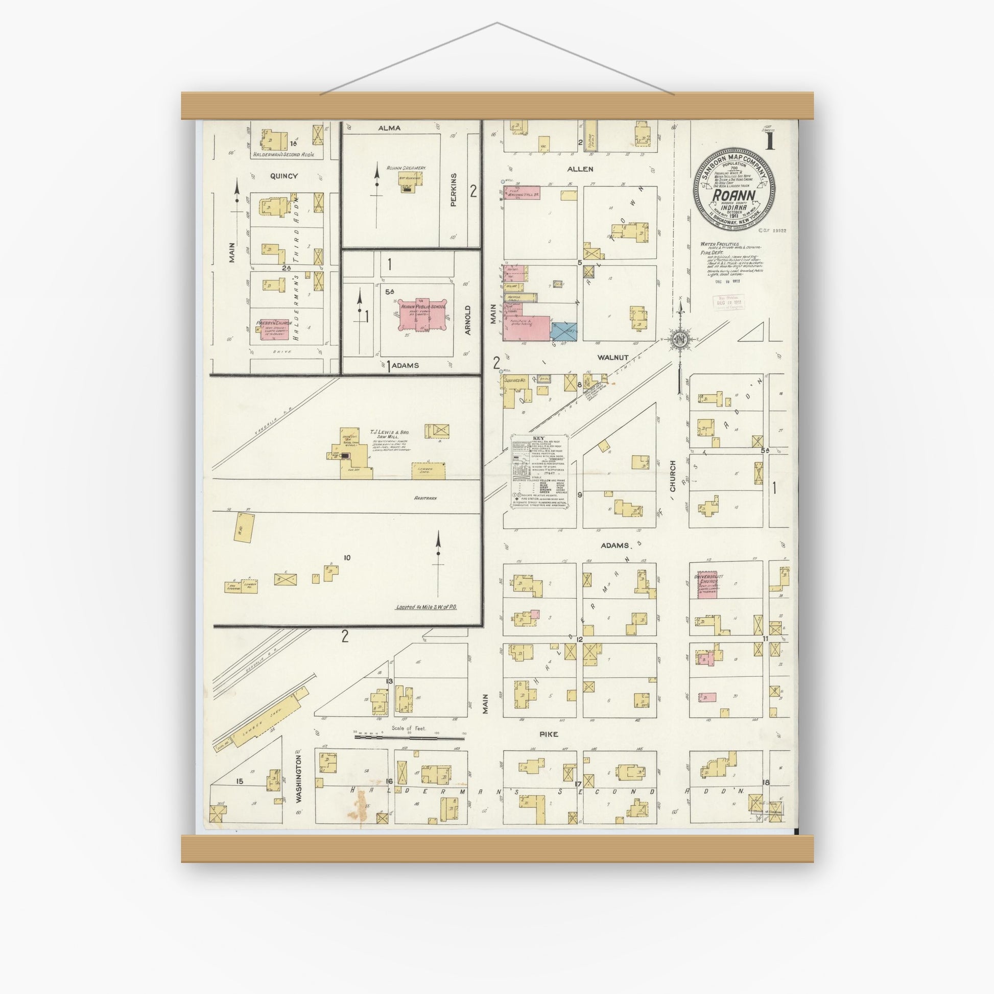 Old map wall art mockup — magnetic wood frame on white wall — Sanborn Fire Insurance Map from Roann, Wabash County, Indiana (1911), Sheet #0001