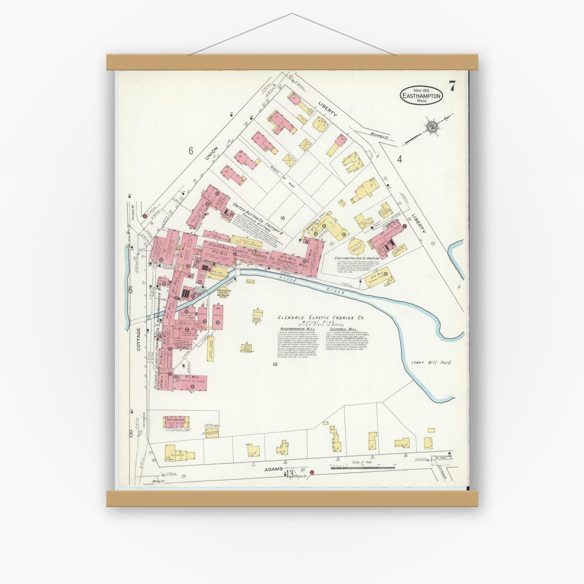 Old map wall art mockup — magnetic wood frame on white wall — Sanborn Fire Insurance Map from East Hampton, Hampshire County, Massachusetts (1916), Sheet #0007