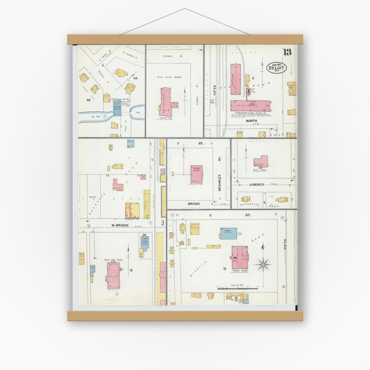 Old map wall art mockup — magnetic wood frame on white wall — Sanborn Fire Insurance Map from Beloit, Rock County, Wisconsin (1902), Sheet #0013