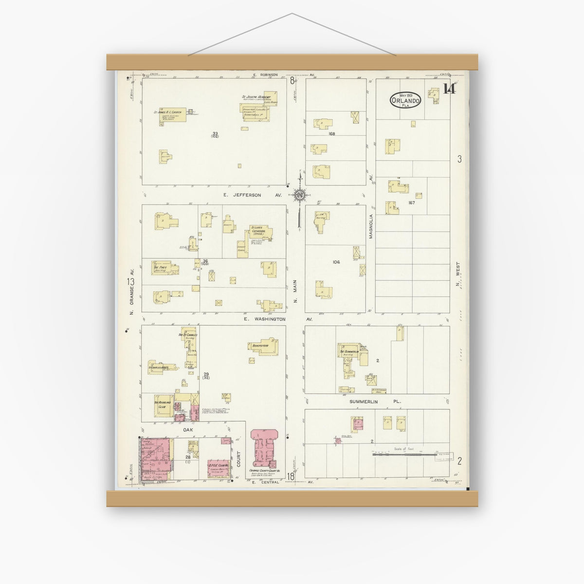 Old map wall art mockup — magnetic wood frame on white wall — Sanborn Fire Insurance Map from Orlando, Orange County, Florida (1913), Sheet #0014