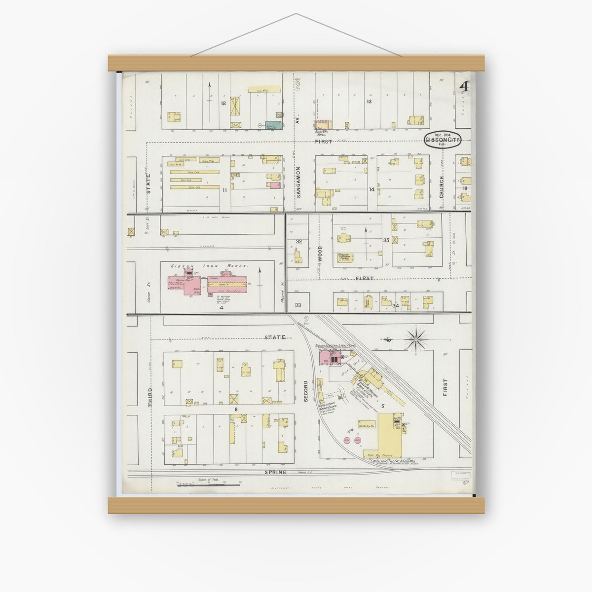 Old map wall art mockup — magnetic wood frame on white wall — Sanborn Fire Insurance Map from Gibson City, Ford County, Illinois (1894), Sheet #0004