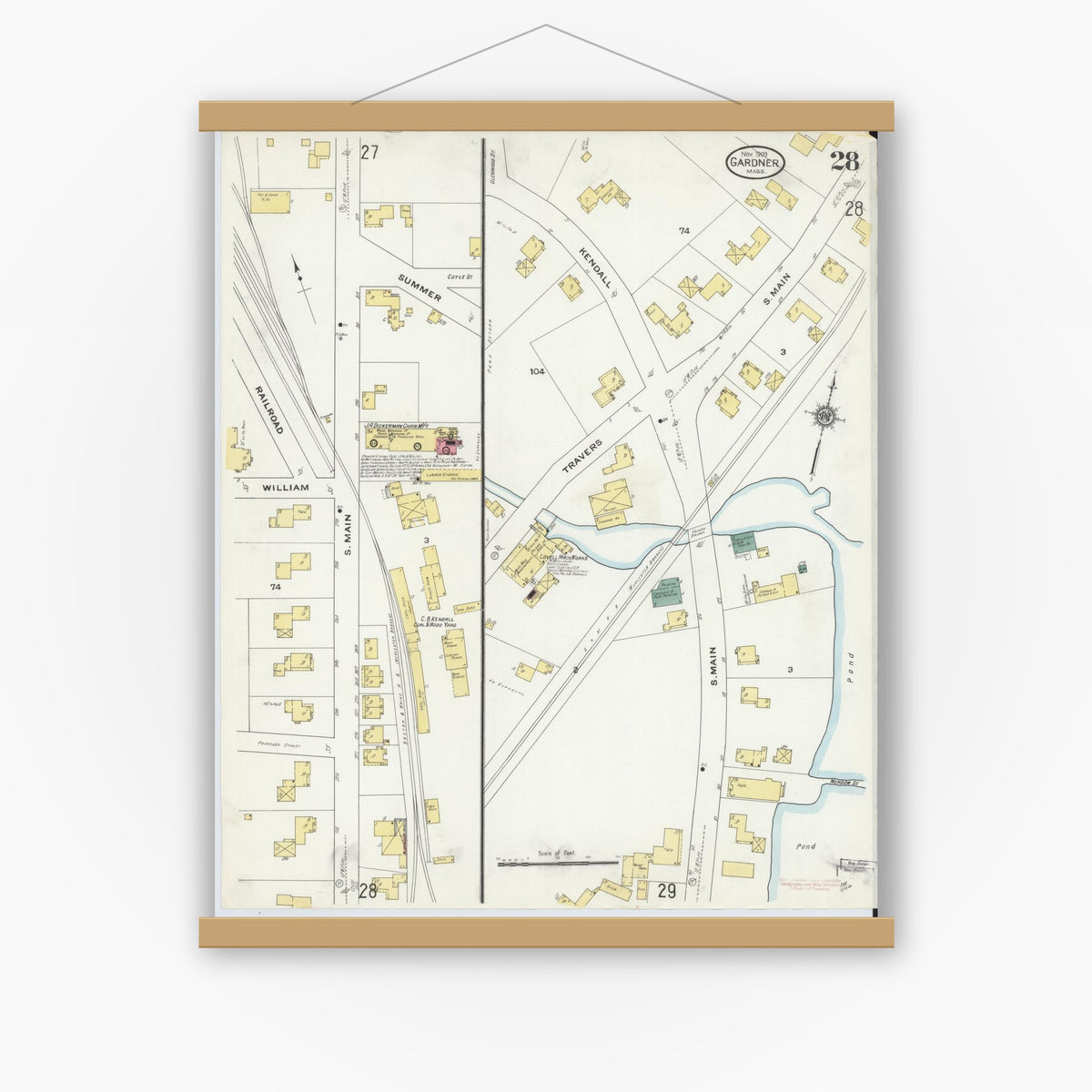 Old map wall art mockup — magnetic wood frame on white wall — Sanborn Fire Insurance Map from Gardner, Worcester County, Massachusetts (1909), Sheet #0028