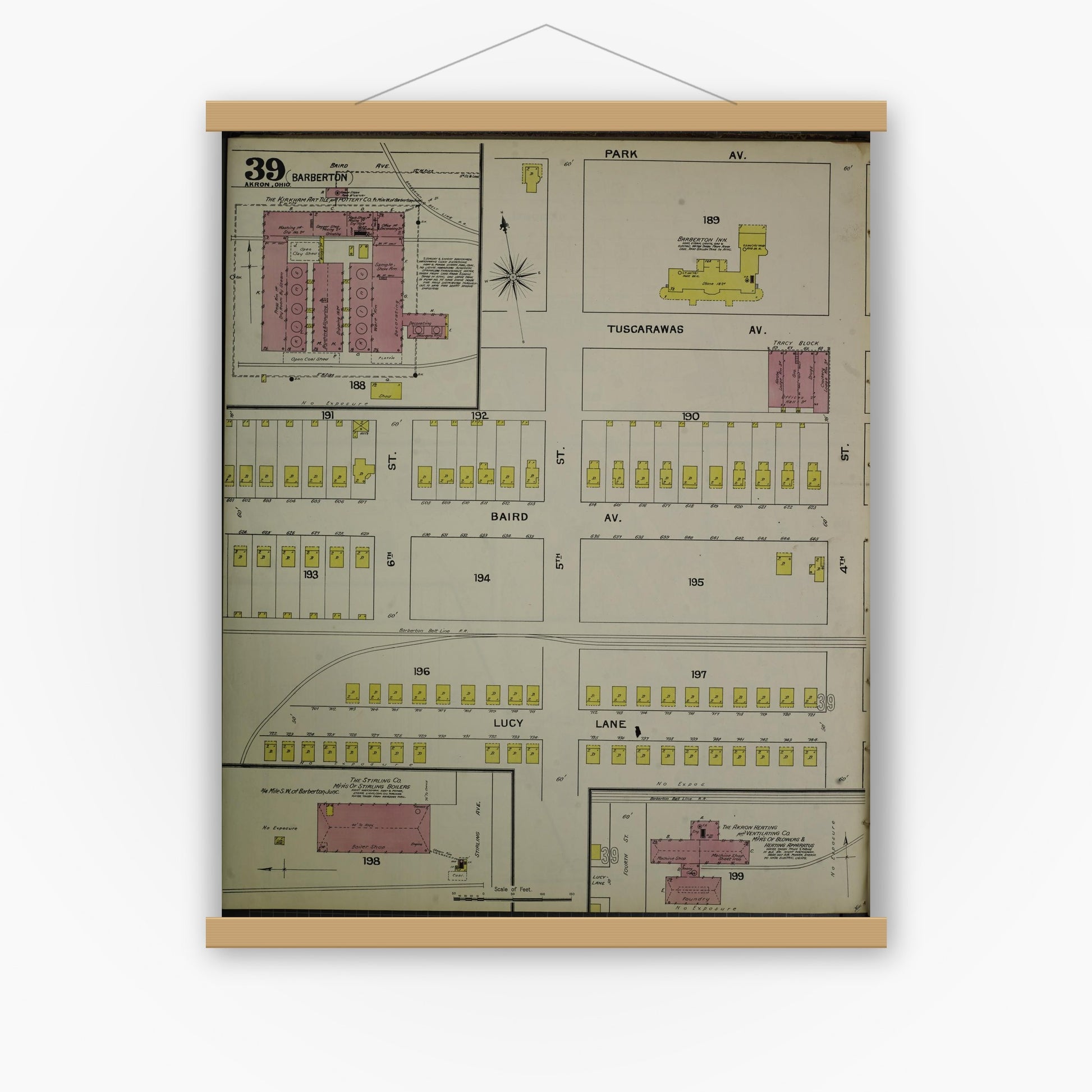 Old map wall art mockup — magnetic wood frame on white wall — Sanborn Fire Insurance Map from Akron, Summit County, Ohio (1892), Sheet #0039