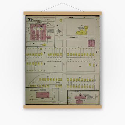 Old map wall art mockup — magnetic wood frame on white wall — Sanborn Fire Insurance Map from Akron, Summit County, Ohio (1892), Sheet #0039