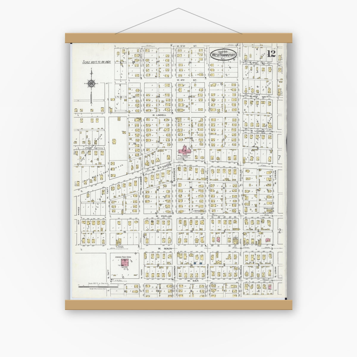 Old map wall art mockup — magnetic wood frame on white wall — Sanborn Fire Insurance Map from West Frankfort, Franklin County, Illinois (1919), Sheet #0012