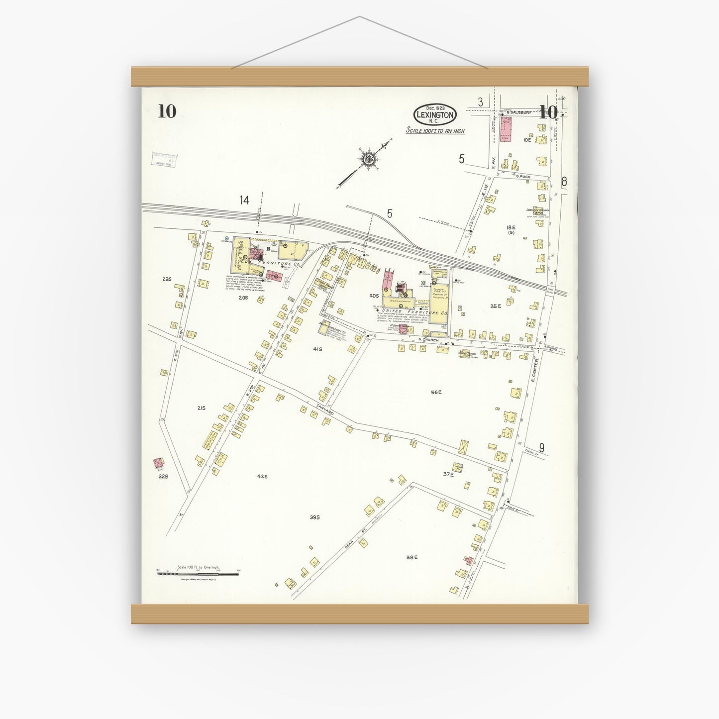 Old map wall art mockup — magnetic wood frame on white wall — Sanborn Fire Insurance Map from Lexington, Davidson County, North Carolina (1923), Sheet #0010