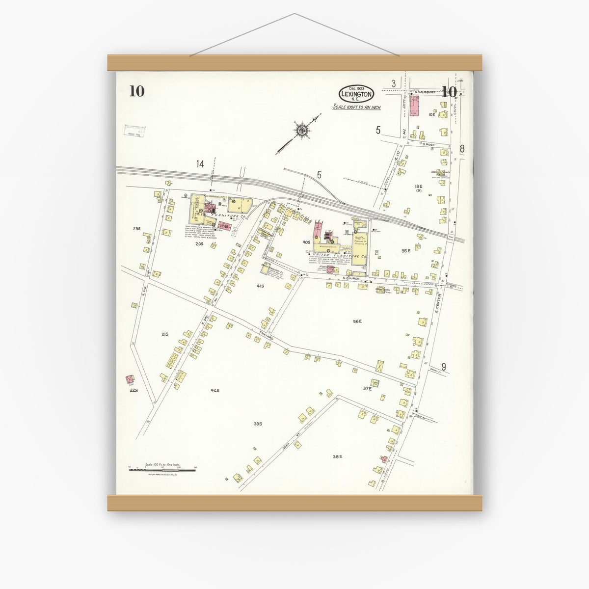 Old map wall art mockup — magnetic wood frame on white wall — Sanborn Fire Insurance Map from Lexington, Davidson County, North Carolina (1923), Sheet #0010