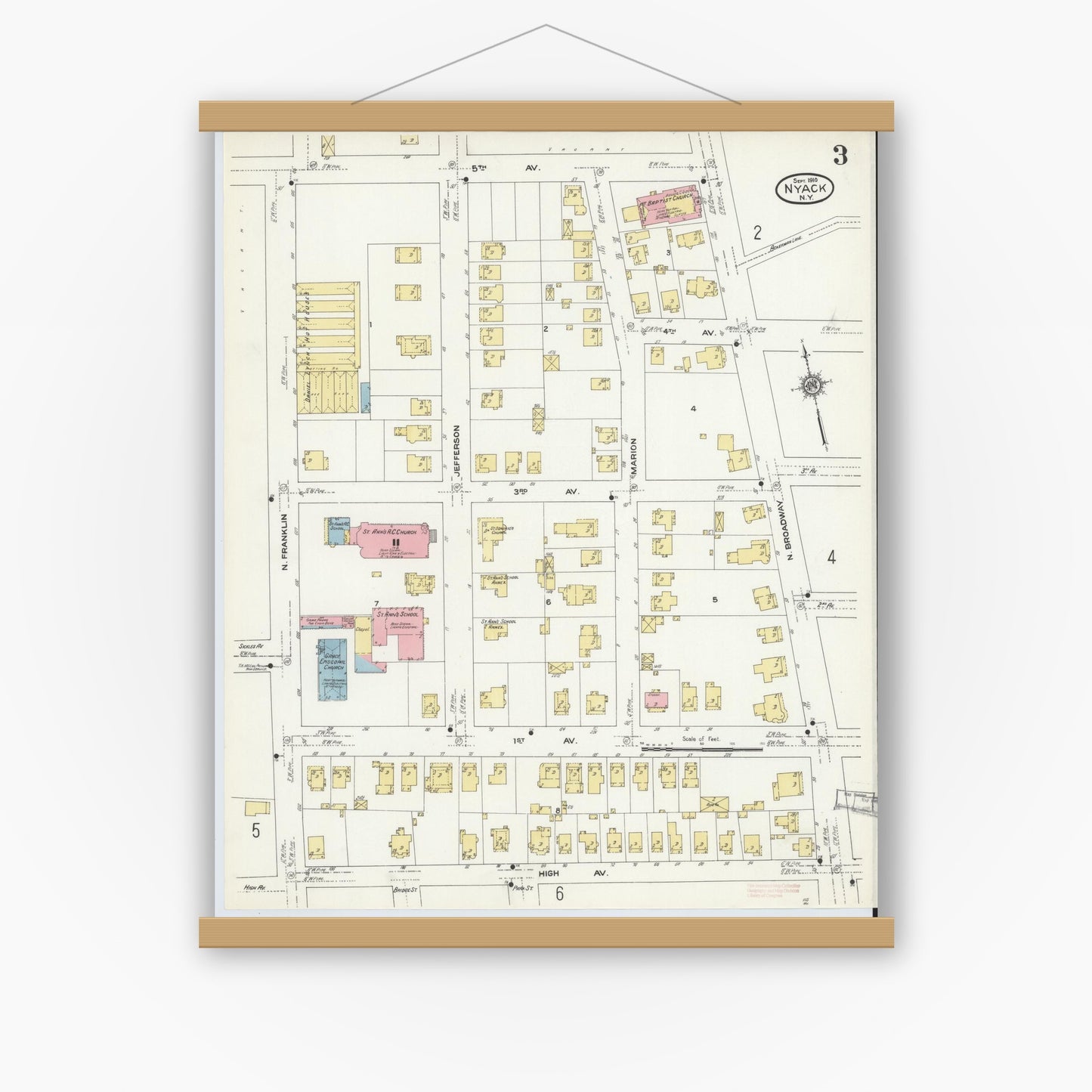 Old map wall art mockup — magnetic wood frame on white wall — Sanborn Fire Insurance Map from Nyack, Rockland County, New York. (1910), Sheet #0003