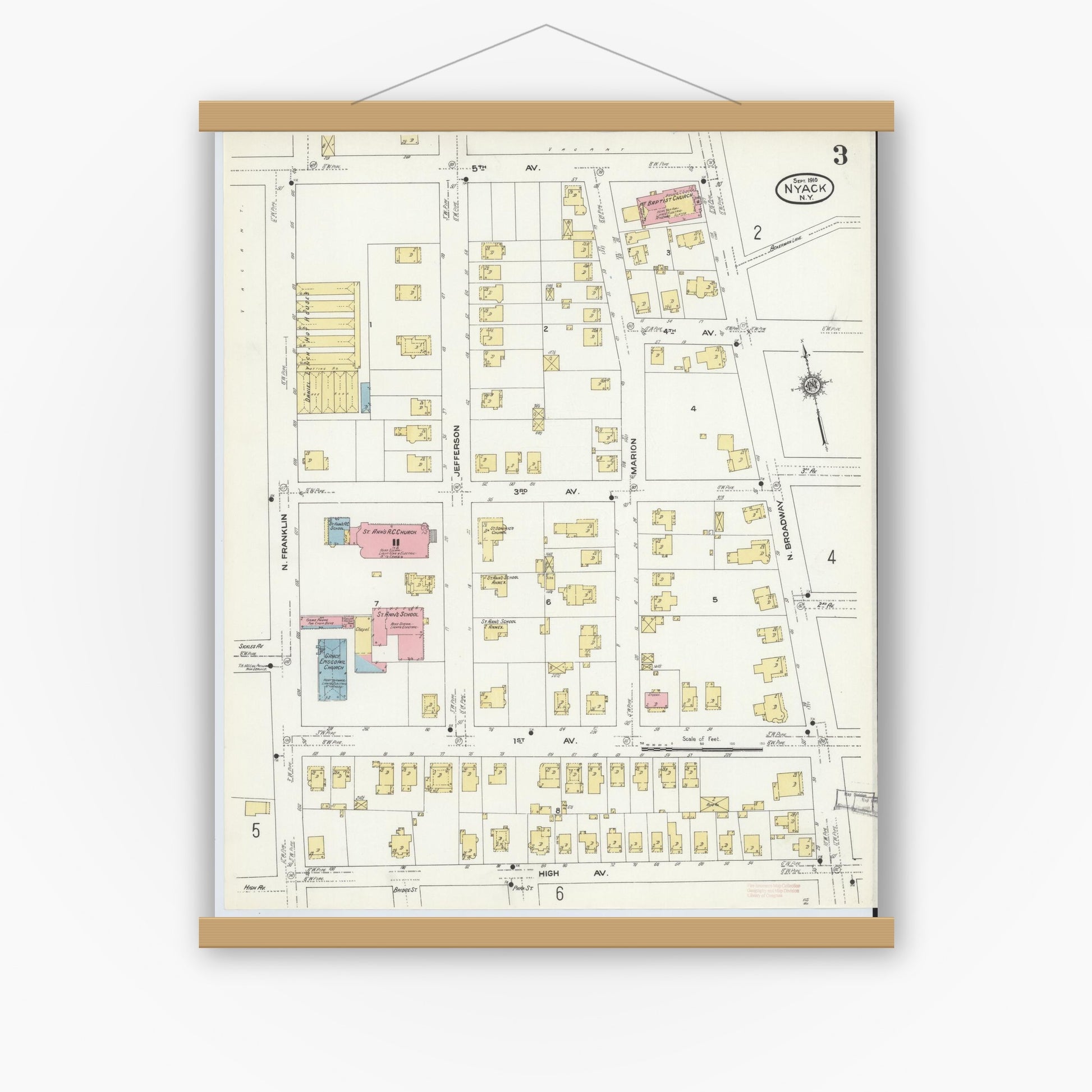 Old map wall art mockup — magnetic wood frame on white wall — Sanborn Fire Insurance Map from Nyack, Rockland County, New York. (1910), Sheet #0003