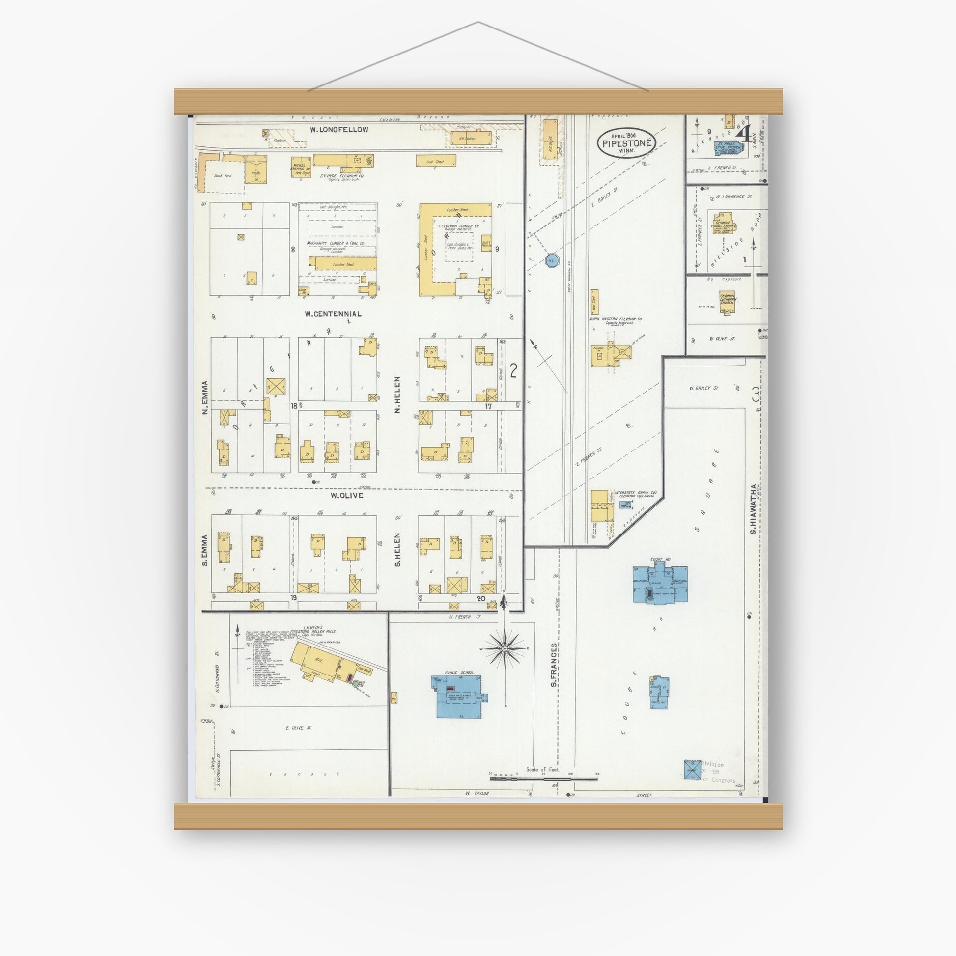Old map wall art mockup — magnetic wood frame on white wall — Sanborn Fire Insurance Map from Pipestone, Pipestone County, Minnesota (1904), Sheet #0004