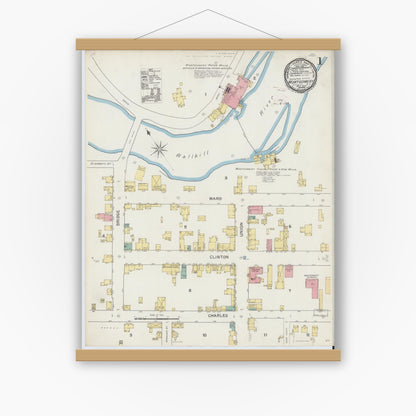 Old map wall art mockup — magnetic wood frame on white wall — Sanborn Fire Insurance Map from Montgomery, Orange County, New York (1892), Sheet #0001