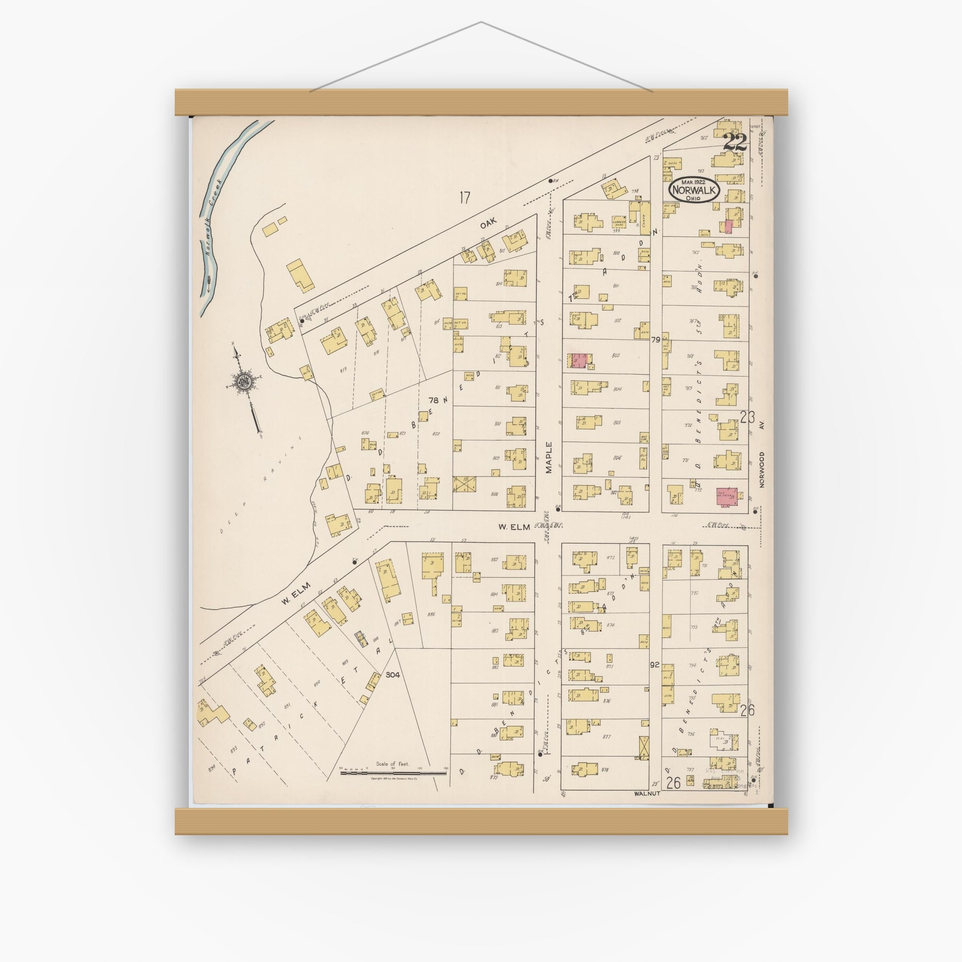 Old map wall art mockup — magnetic wood frame on white wall — Sanborn Fire Insurance Map from Norwalk, Huron County, Ohio (1922), Sheet #0022