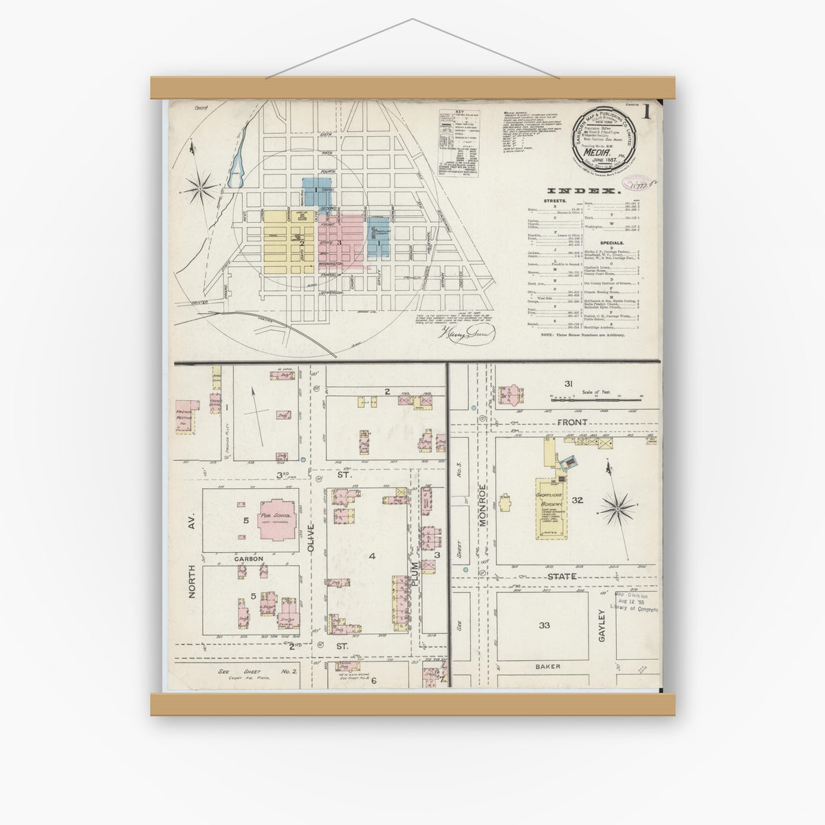Old map wall art mockup — magnetic wood frame on white wall — Sanborn Fire Insurance Map from Media, Delaware County, Pennsylvania (1887) - Complete Map Set