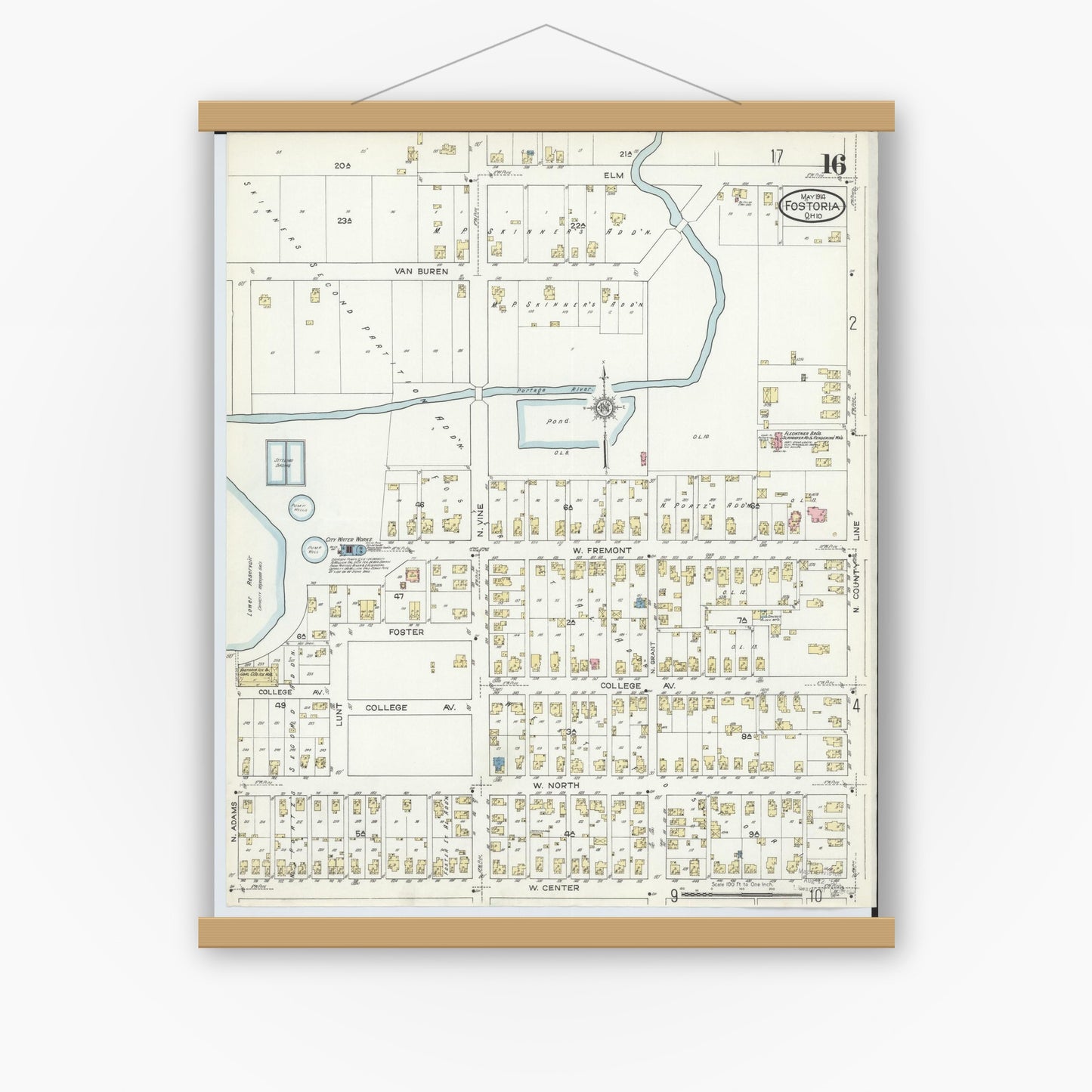 Old map wall art mockup — magnetic wood frame on white wall — Sanborn Fire Insurance Map from Fostoria, Seneca, Hancock, And Wood Counties, Ohio (1914), Sheet #0016