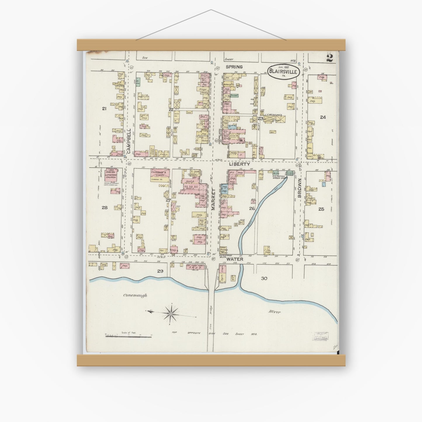 Old map wall art mockup — magnetic wood frame on white wall — Sanborn Fire Insurance Map from Blairsville, Indiana County, Pennsylvania (1887), Sheet #0002