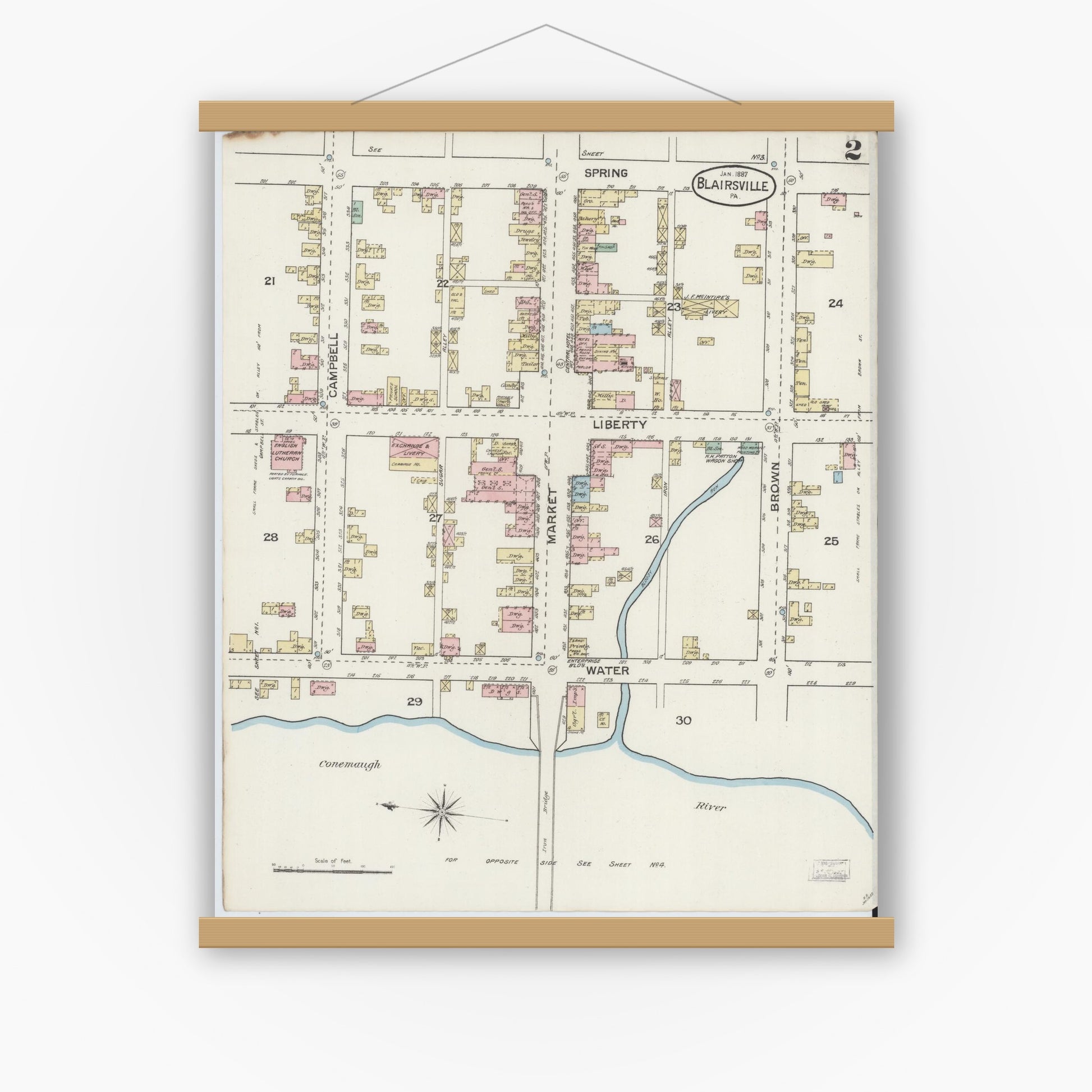 Old map wall art mockup — magnetic wood frame on white wall — Sanborn Fire Insurance Map from Blairsville, Indiana County, Pennsylvania (1887), Sheet #0002