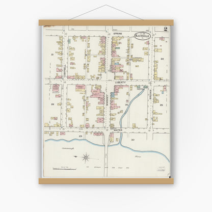 Old map wall art mockup — magnetic wood frame on white wall — Sanborn Fire Insurance Map from Blairsville, Indiana County, Pennsylvania (1887), Sheet #0002