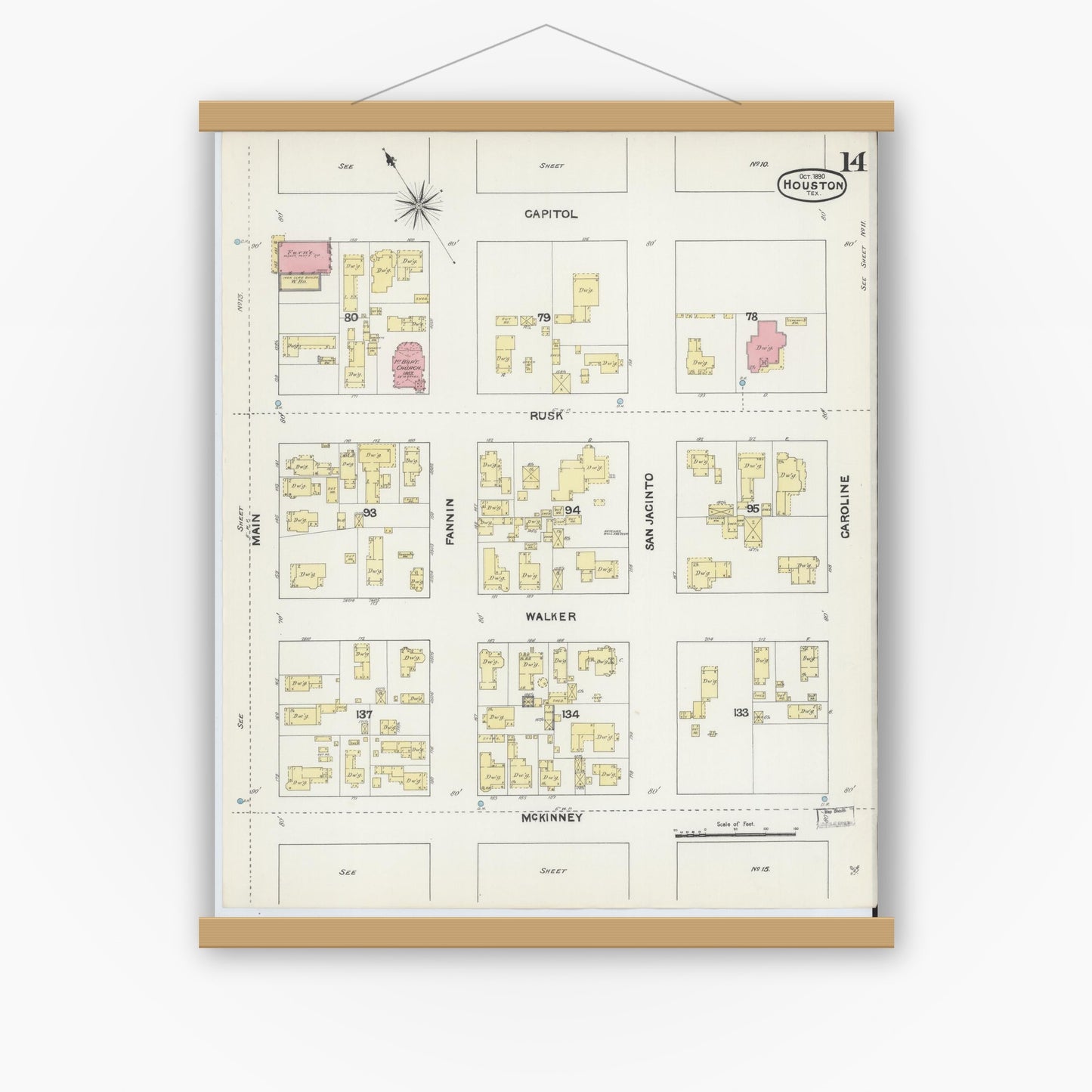 Old map wall art mockup — magnetic wood frame on white wall — Sanborn Fire Insurance Map from Houston, Harris County, Texas (1890), Sheet #0014