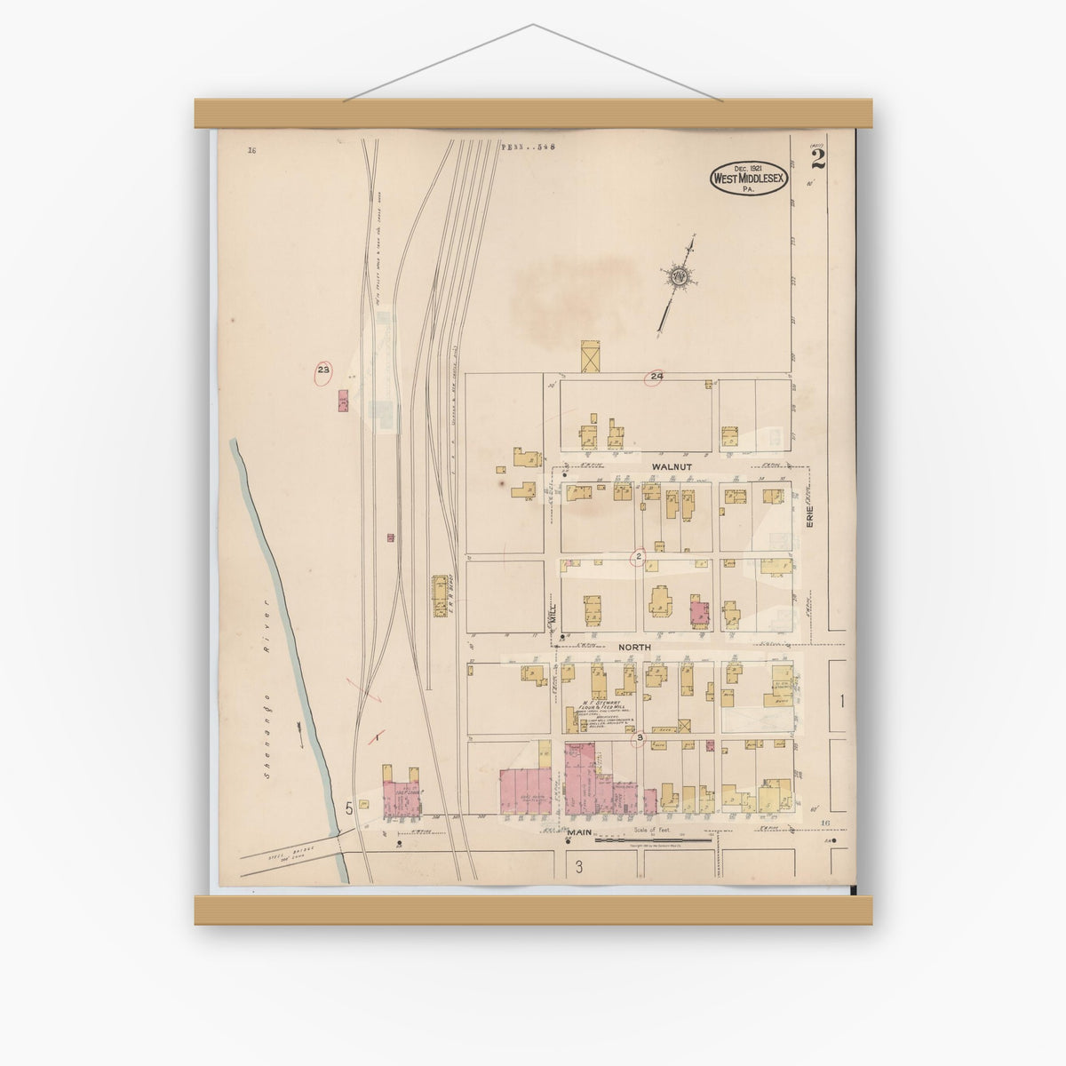 Old map wall art mockup — magnetic wood frame on white wall — Sanborn Fire Insurance Map from West Middlesex, Mercer County, Pennsylvania (1937), Sheet #0002