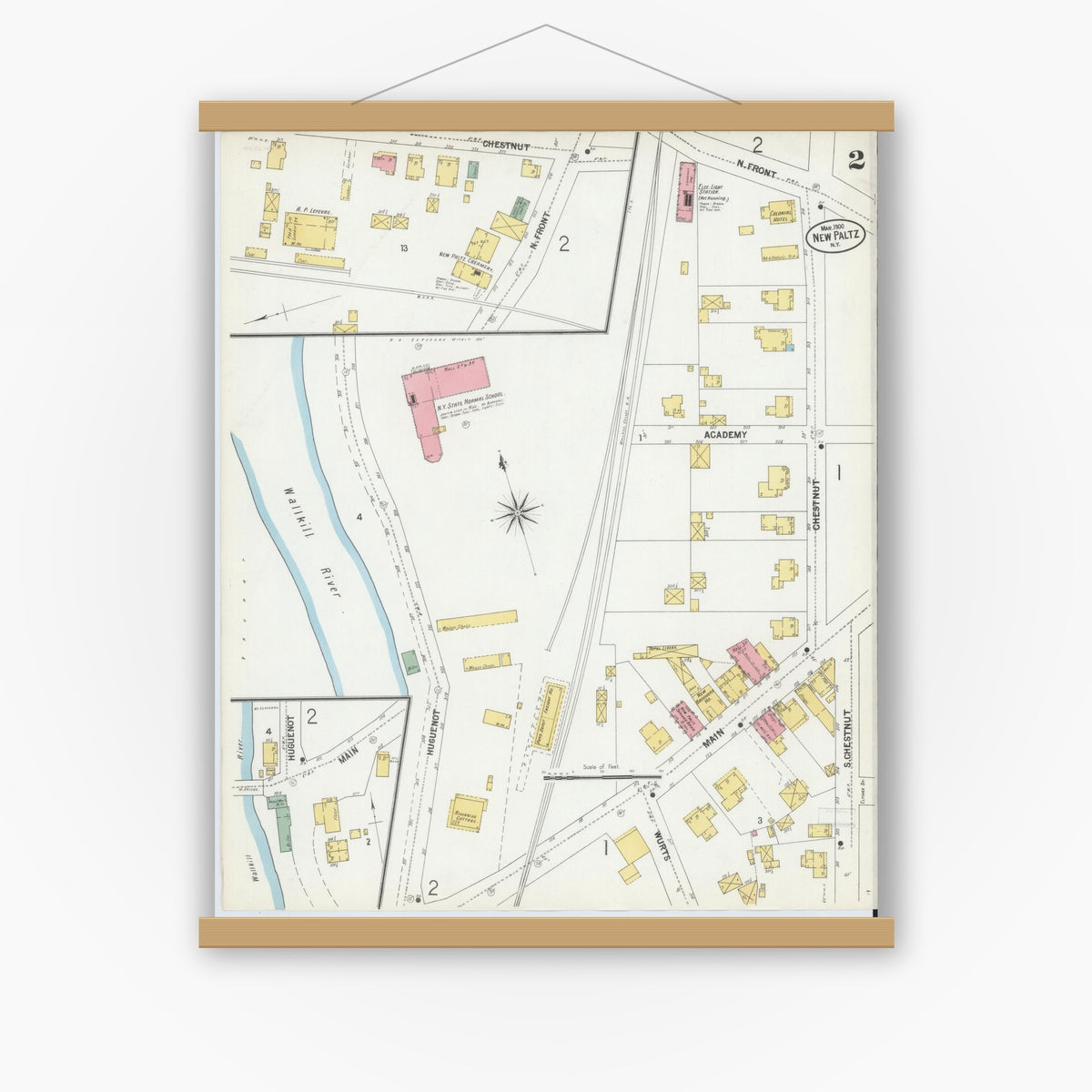 Old map wall art mockup — magnetic wood frame on white wall — Sanborn Fire Insurance Map from New Paltz, Ulster County, New York (1900), Sheet #0002