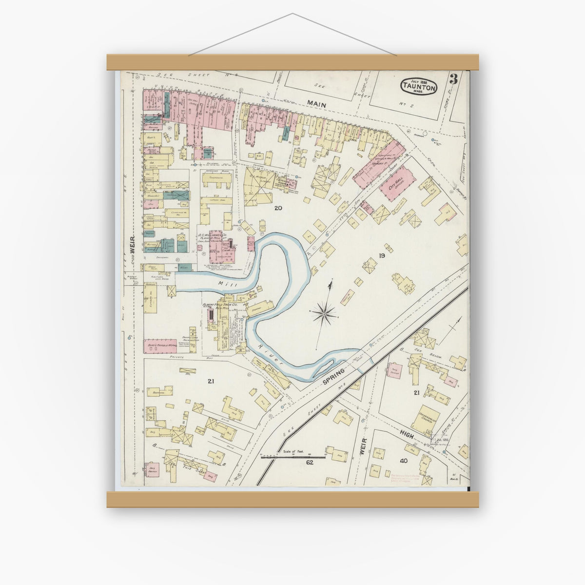 Old map wall art mockup — magnetic wood frame on white wall — Sanborn Fire Insurance Map from Taunton, Bristol County, Massachusetts (1888), Sheet #0003